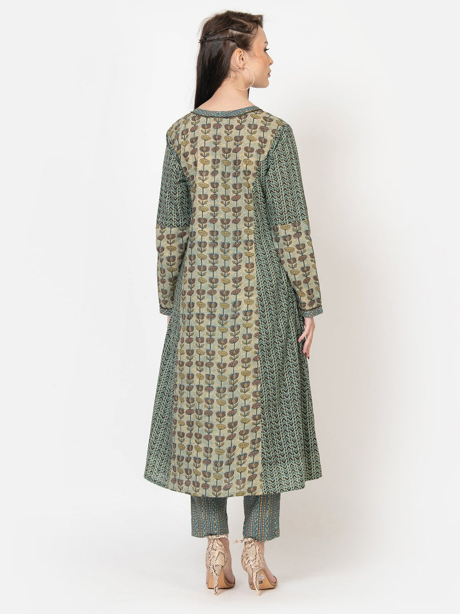 Olive Green Cotton Angrakha Kurta Set