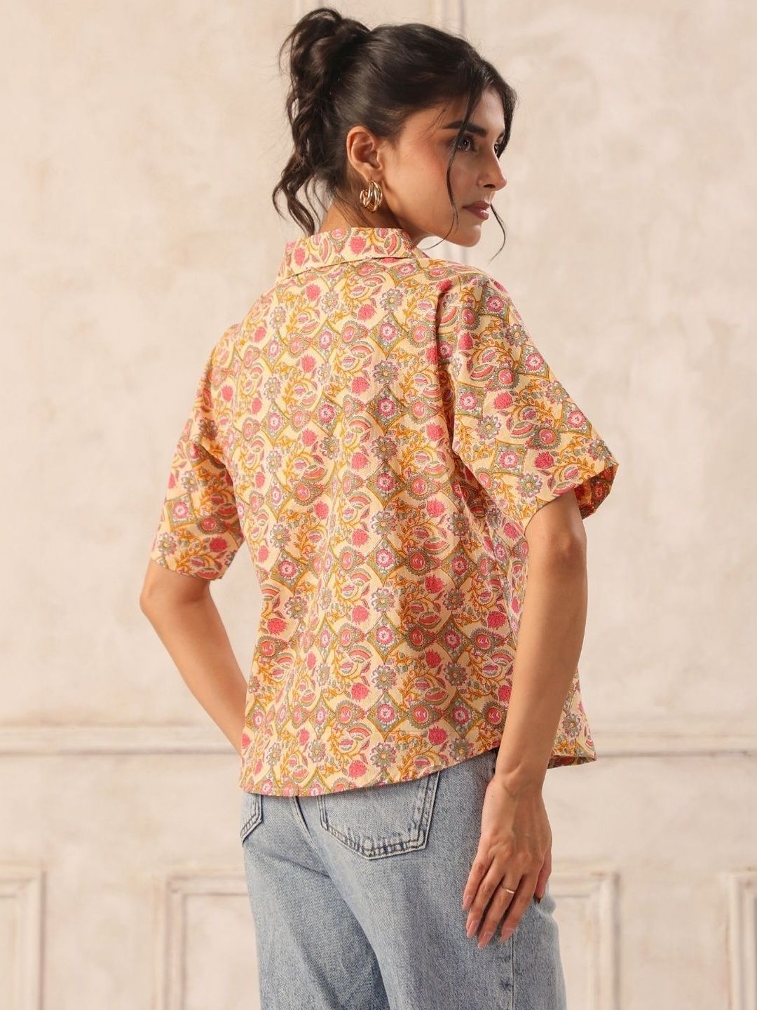 Yellow Floral Block Print Cotton Collared Shirt