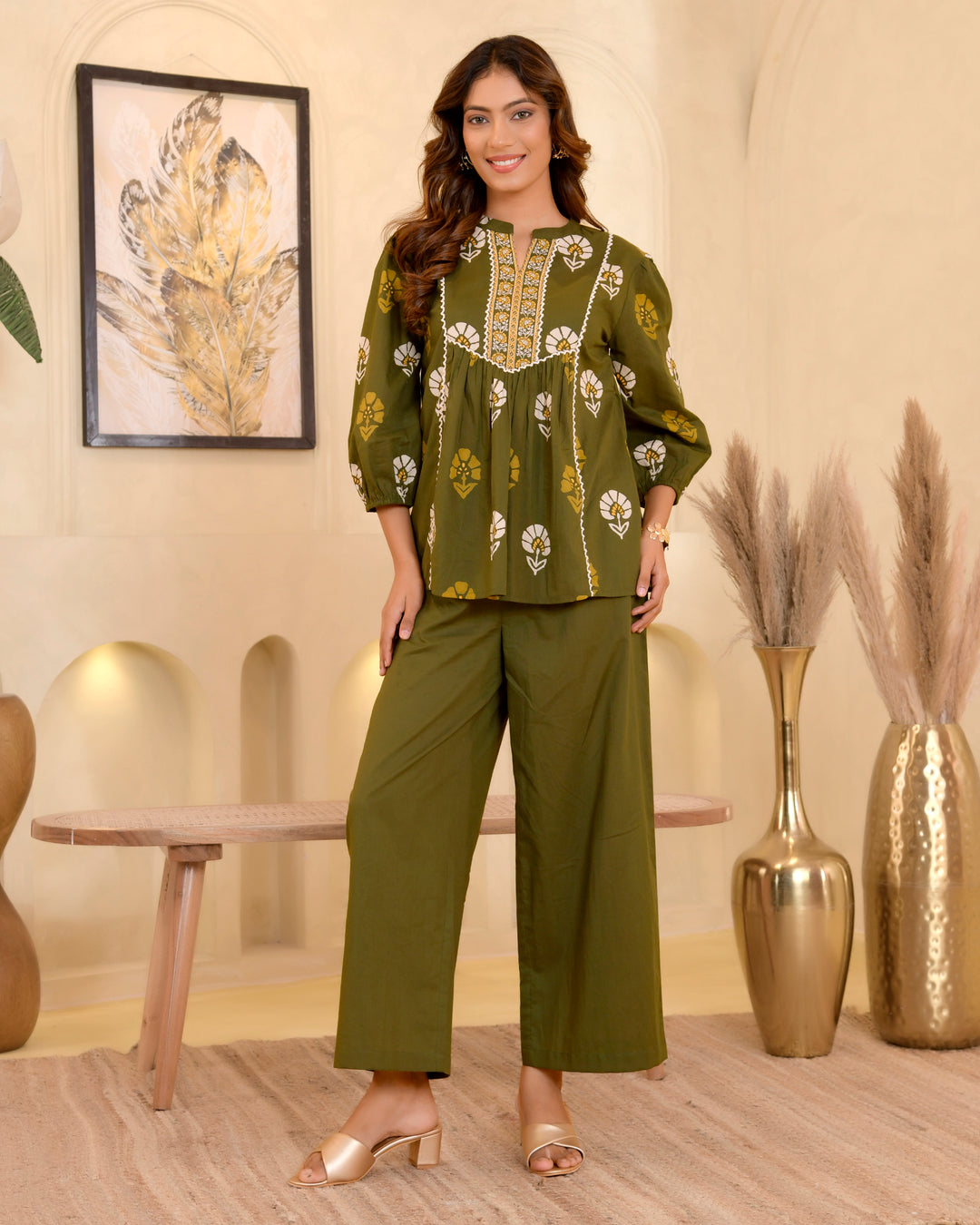 Olive Green Floral Printed Ethnic Top
