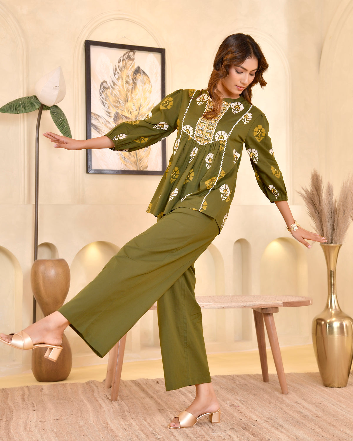 Olive Green Floral Printed Ethnic Top