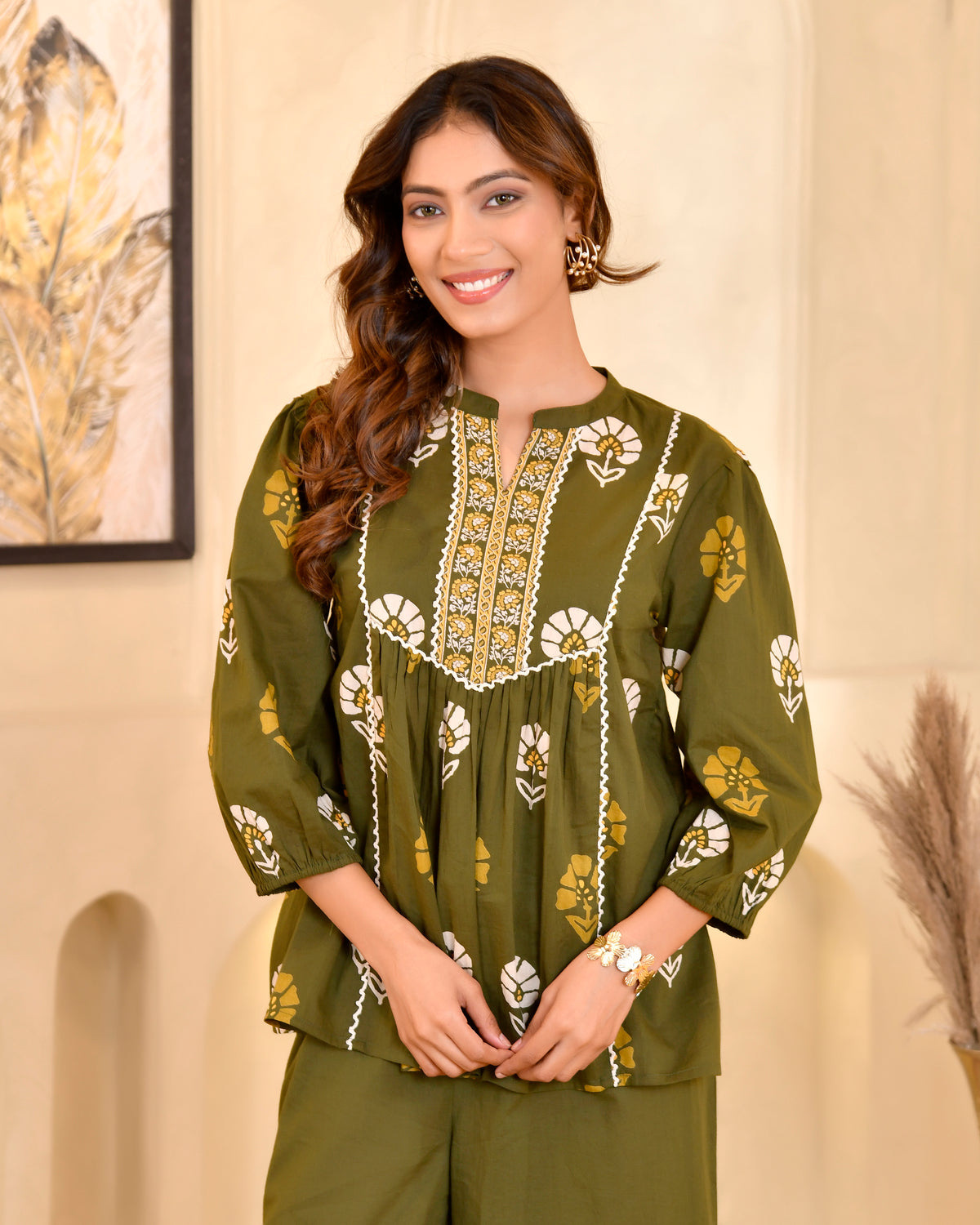 Olive Green Floral Printed Ethnic Top
