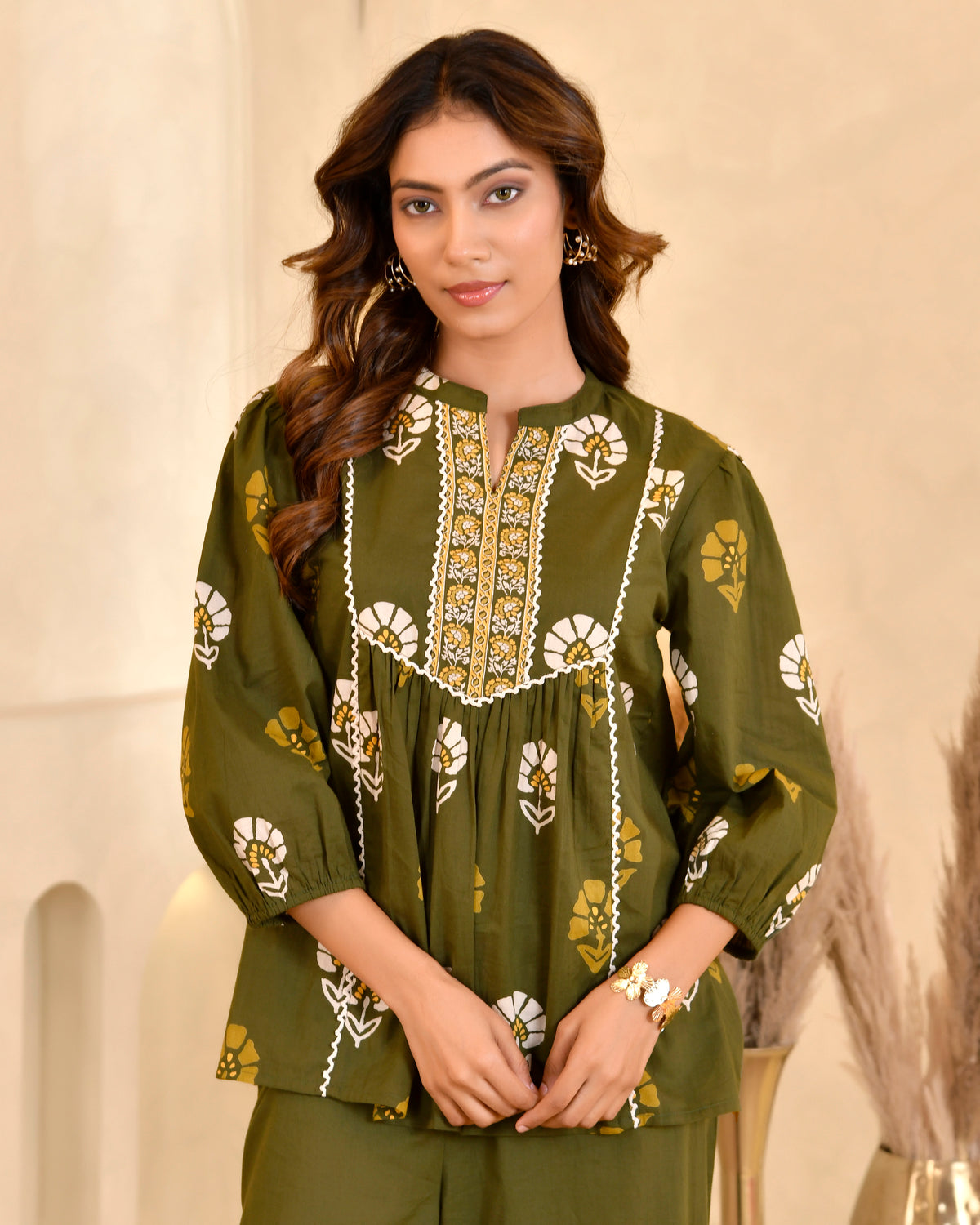 Olive Green Floral Printed Ethnic Top