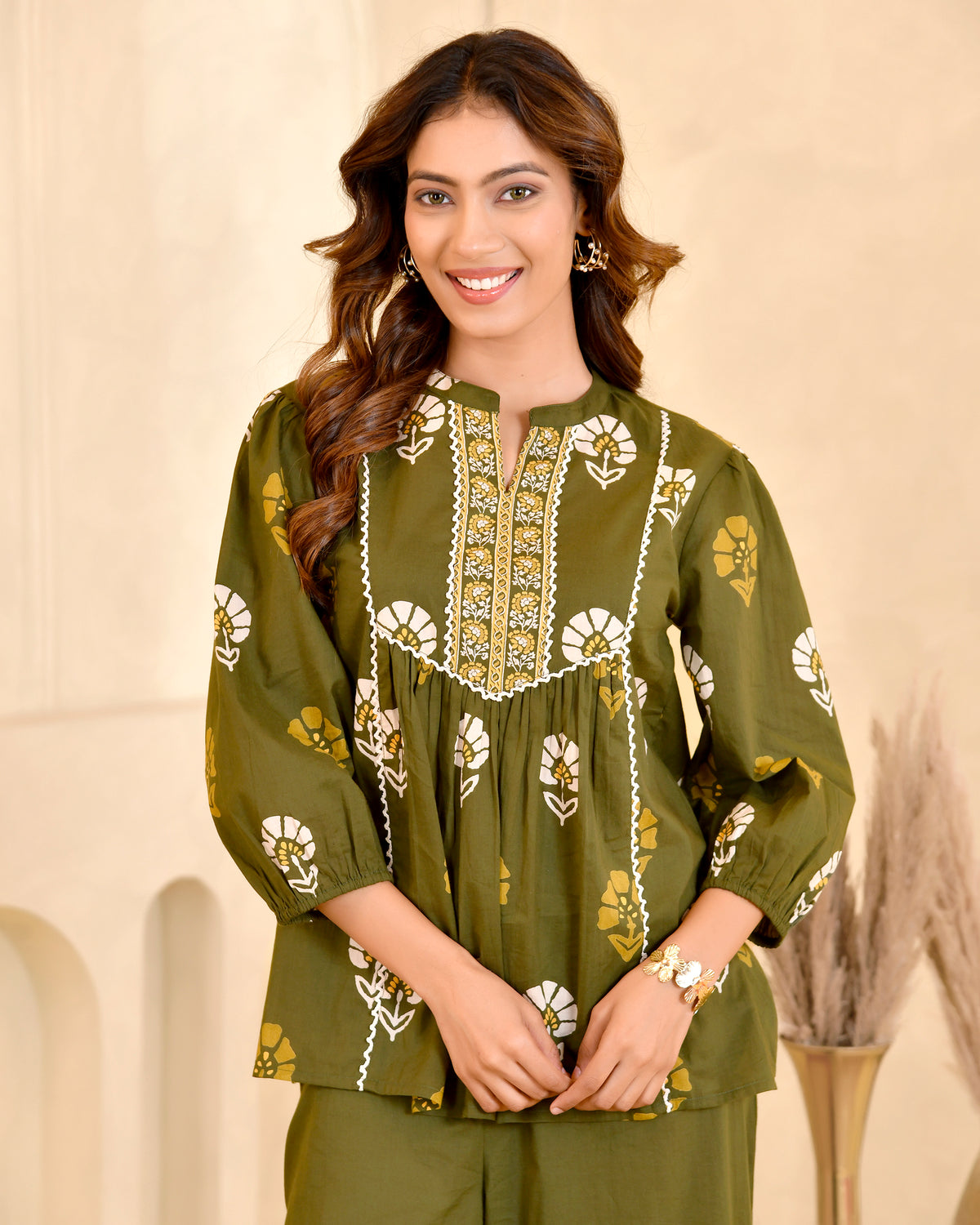 Olive Green Floral Printed Ethnic Top