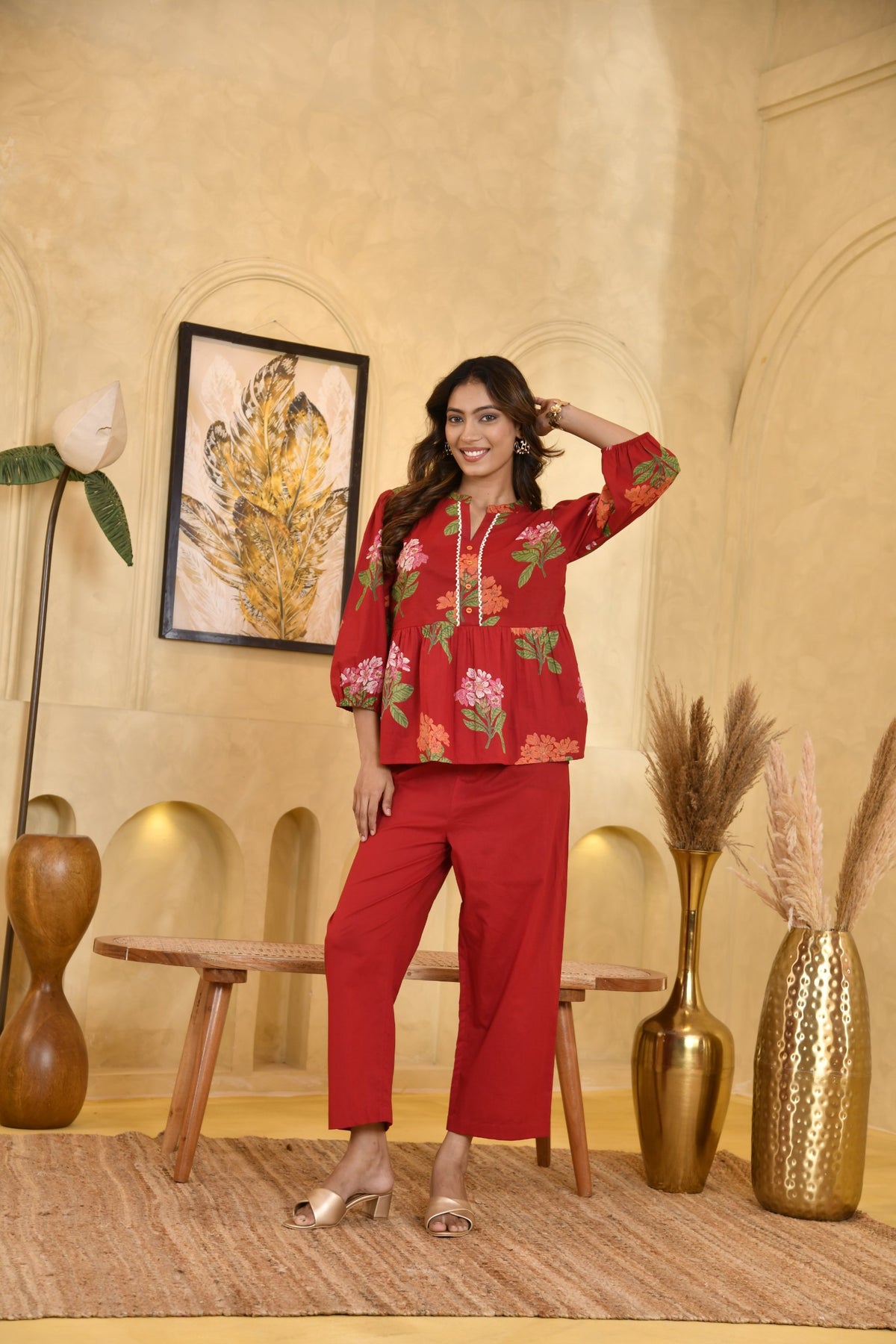 Red Floral Print Peplum Top for Women
