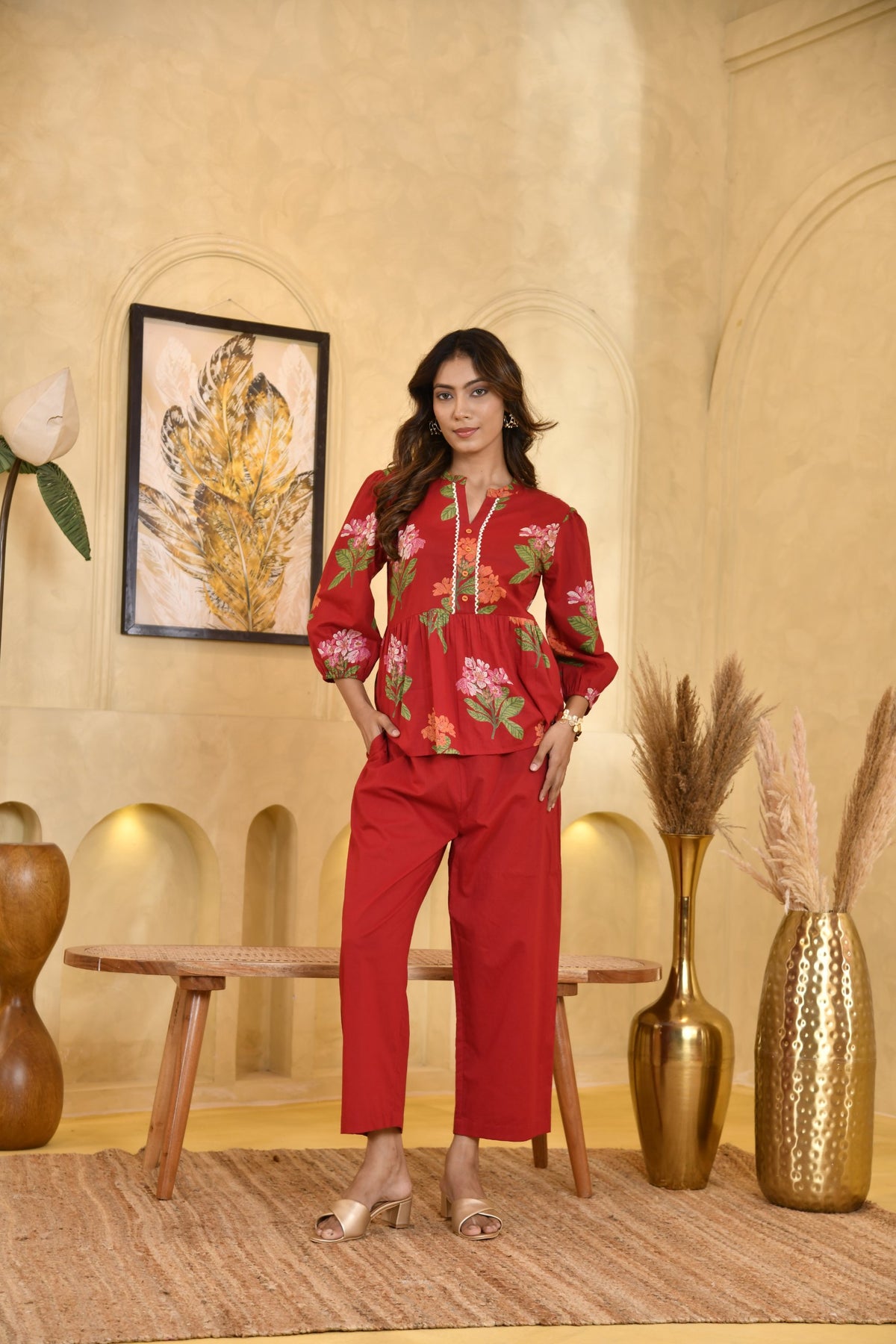 Red Floral Print Peplum Top for Women