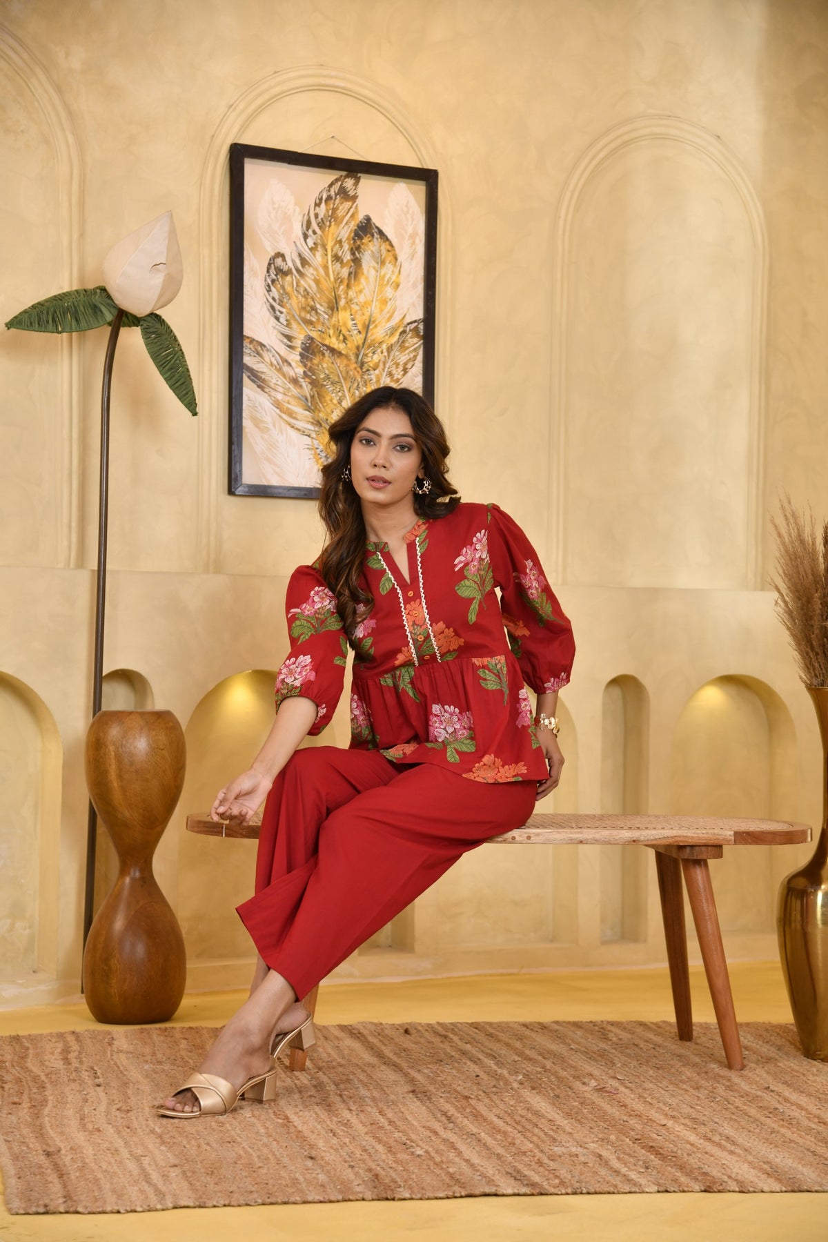 Red Floral Print Peplum Top for Women