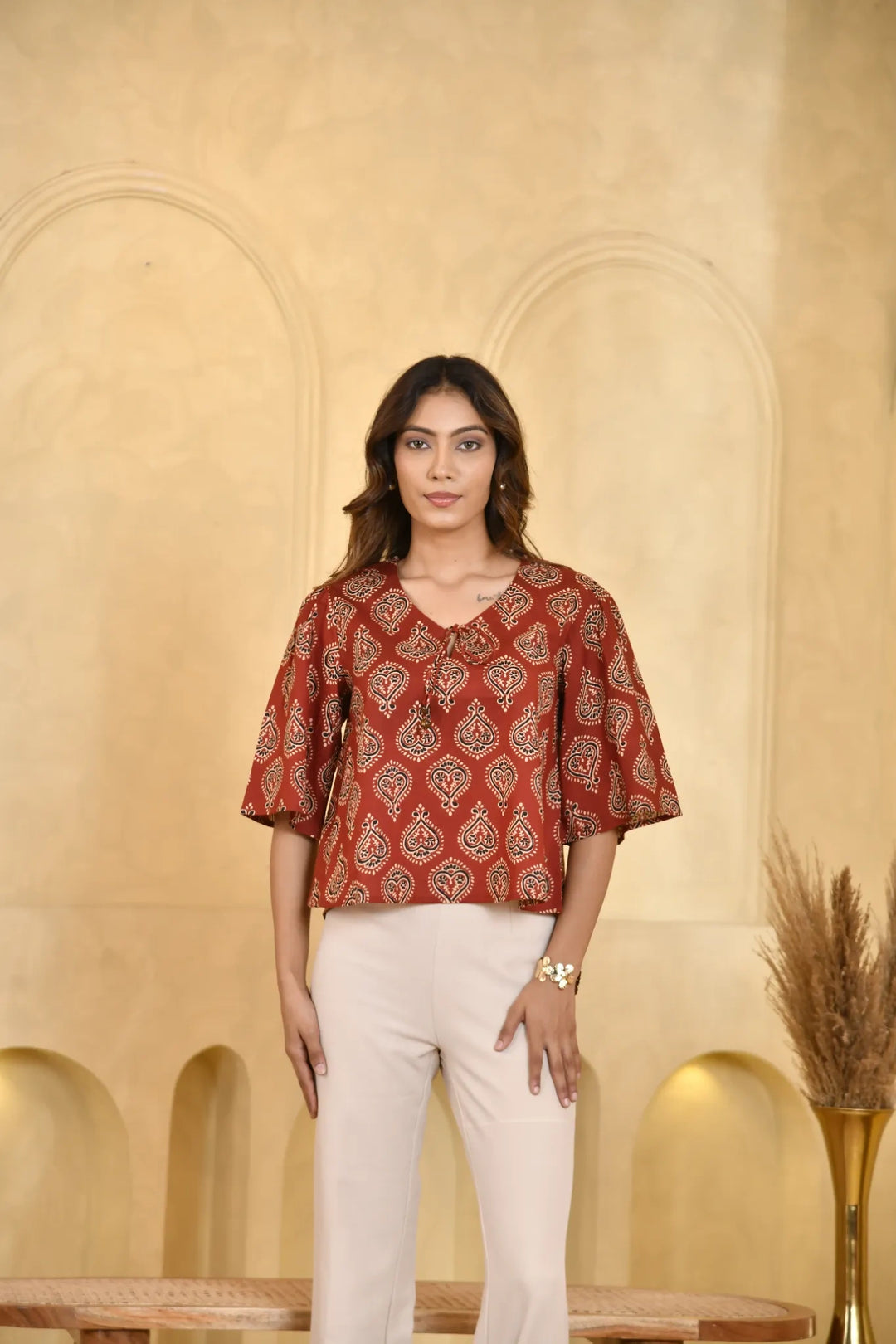 Red Ethnic Print Cotton Flutter Sleeve Top