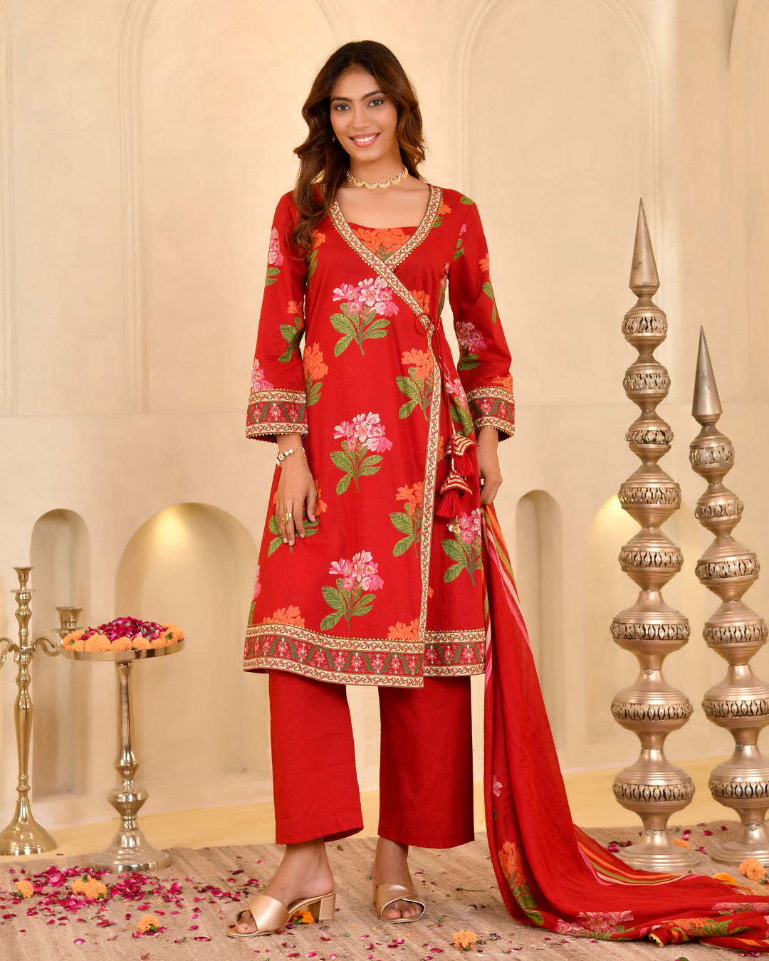 Red Floral Print Angrakha Kurta Set with Dupatta