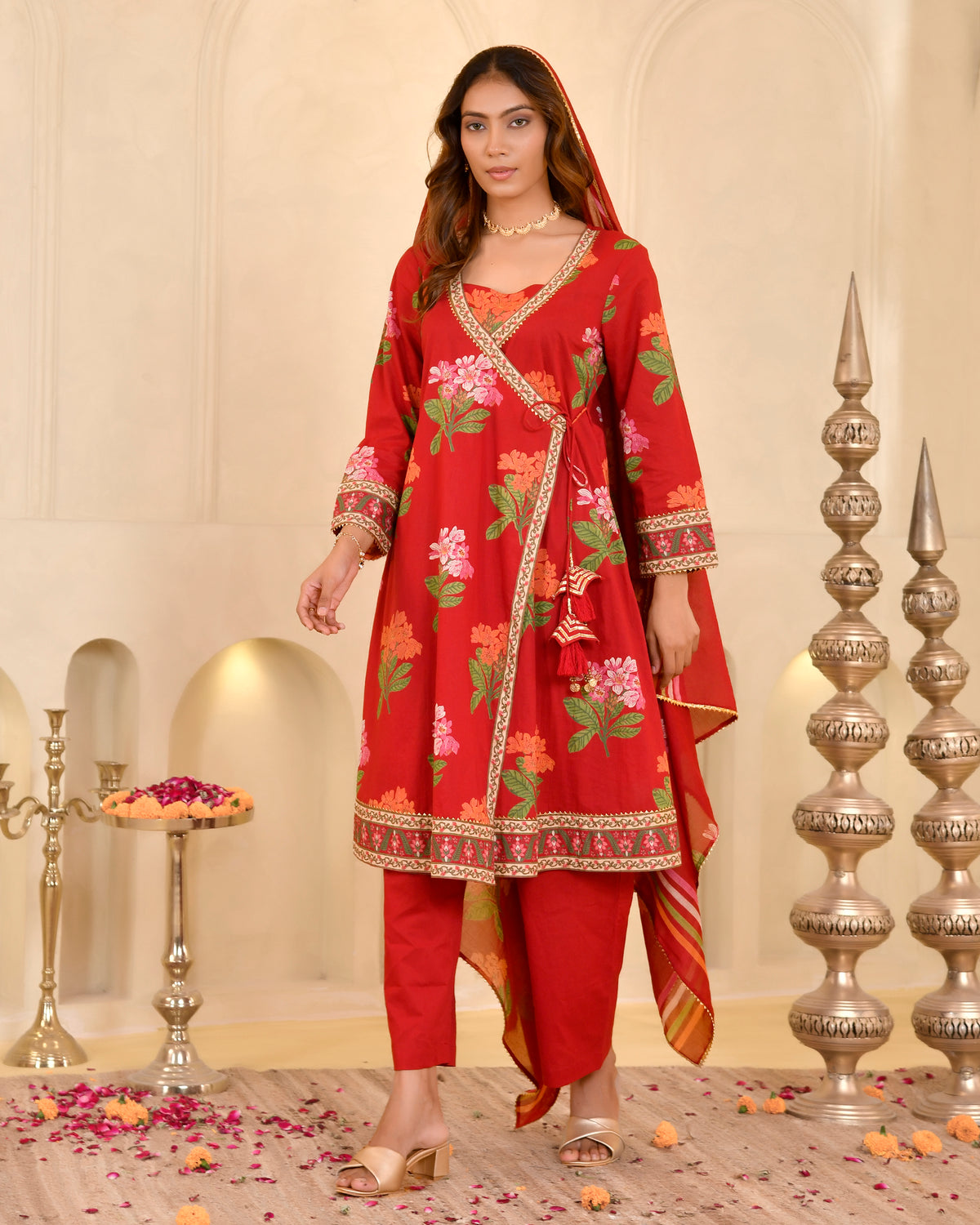 Red Floral Print Angrakha Kurta Set with Dupatta