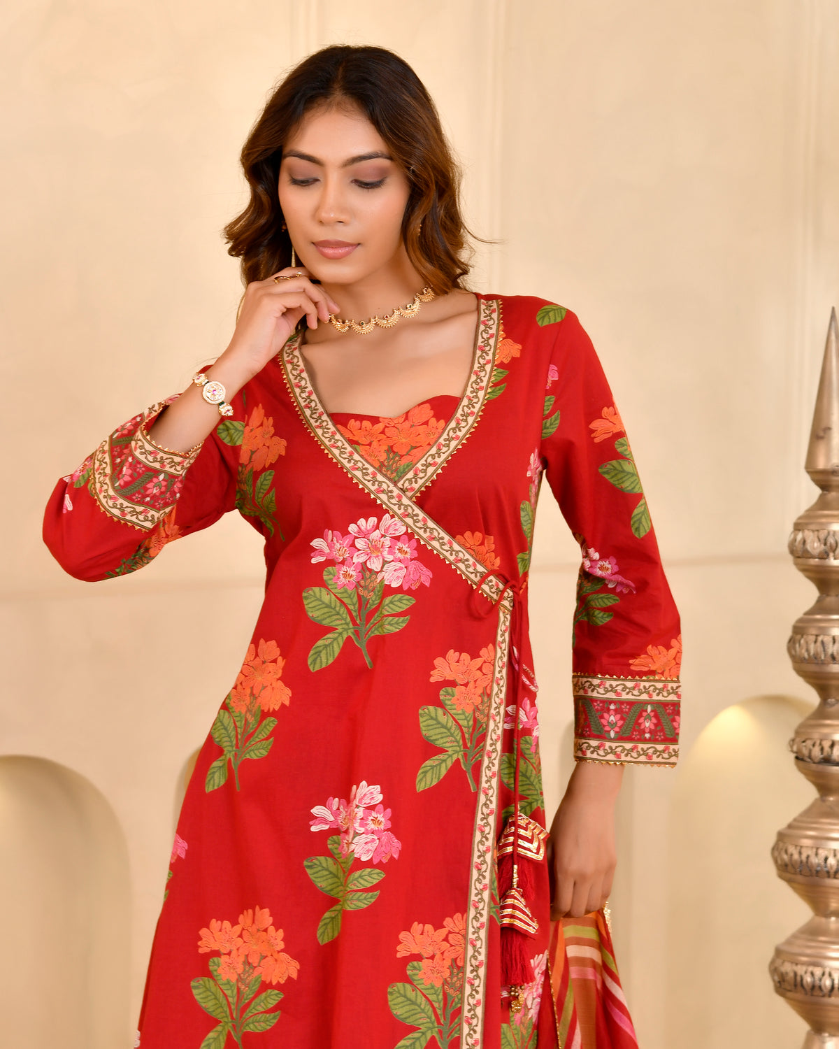 Red Floral Print Angrakha Kurta Set with Dupatta
