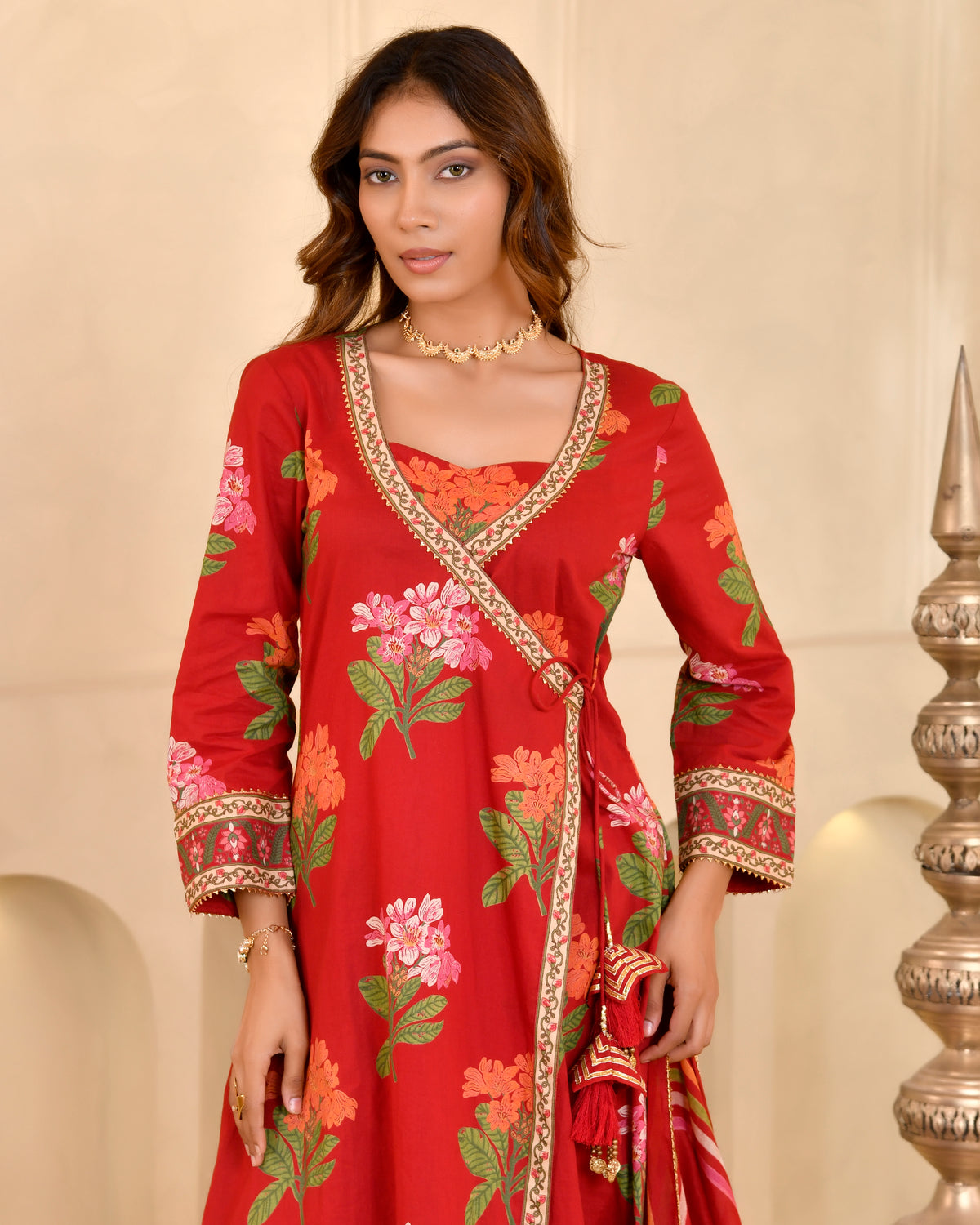Red Floral Print Angrakha Kurta Set with Dupatta