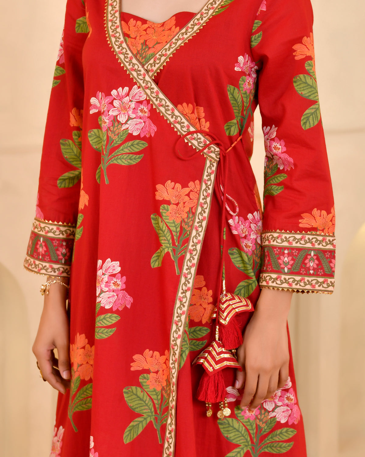 Red Floral Print Angrakha Kurta Set with Dupatta