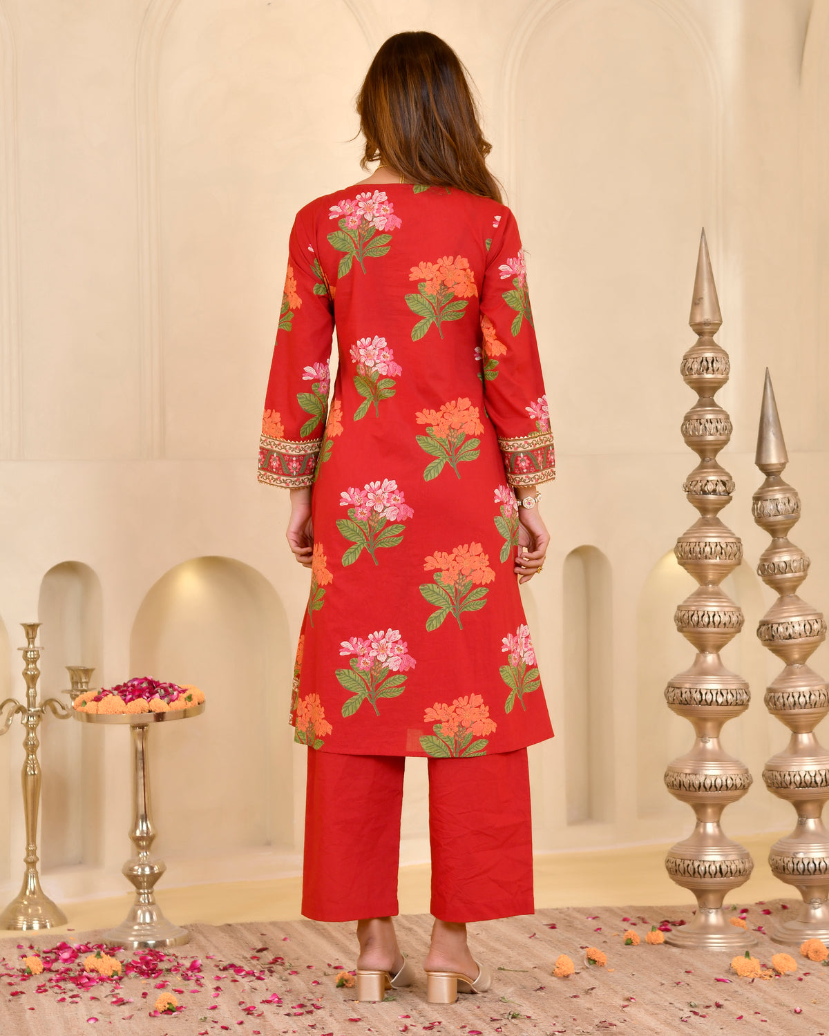 Red Floral Print Angrakha Kurta Set with Dupatta