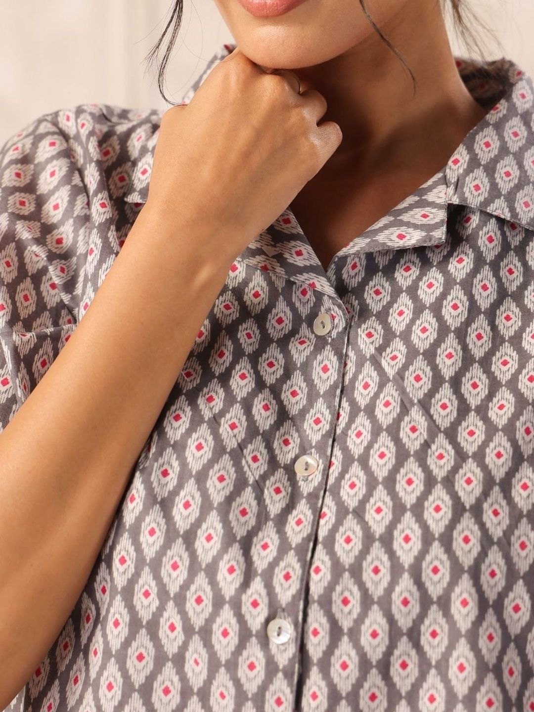 Grey & Pink Ikat Print Cotton Collared Shirt