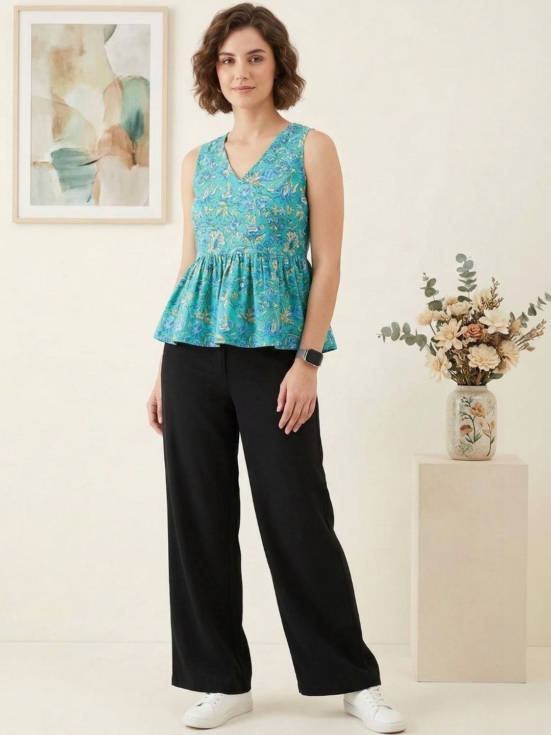 Teal Floral Block Print Cotton Peplum Top