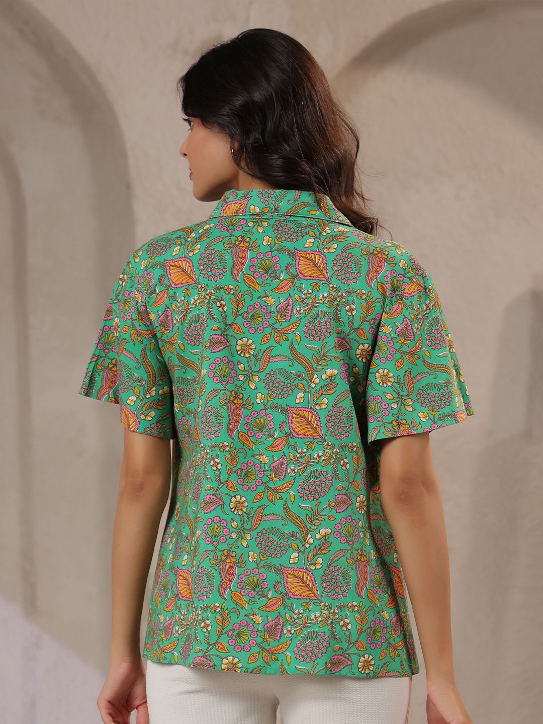 Sea Green Floral Shirt with Flared Sleeves