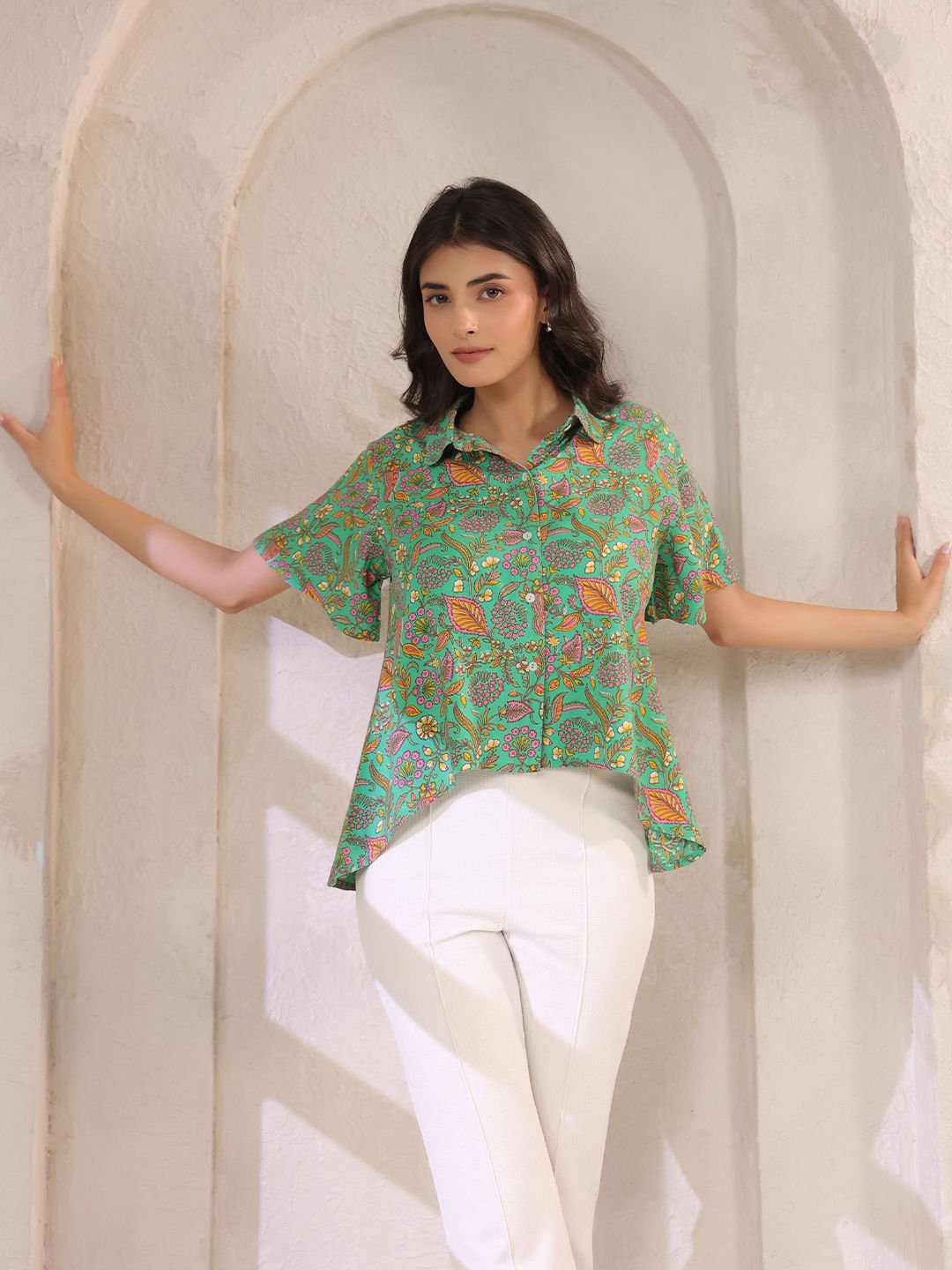 Sea Green Floral Shirt with Flared Sleeves