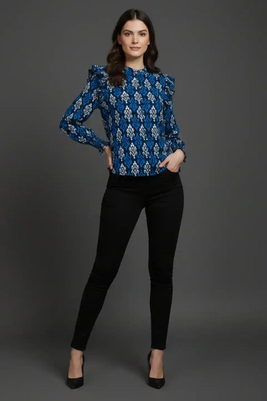 Blue patterned cotton kurta with ruffled sleeves paired with black pants for women