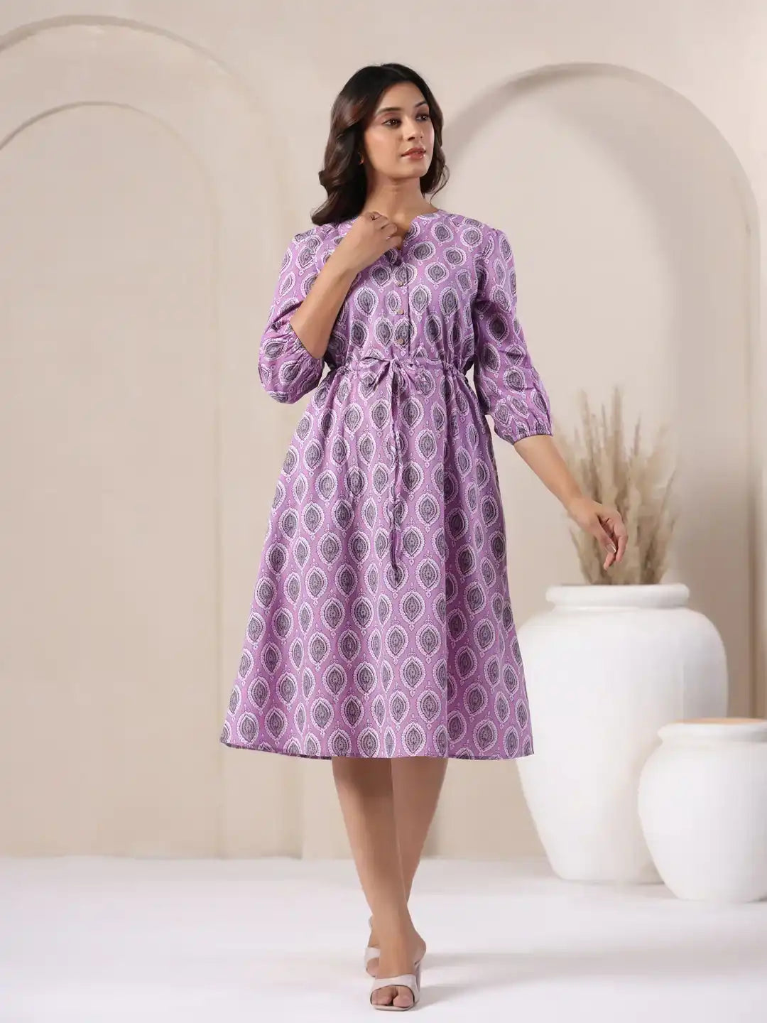 Purple printed cotton kurta dress with tie waist, elegant for daily wear or office