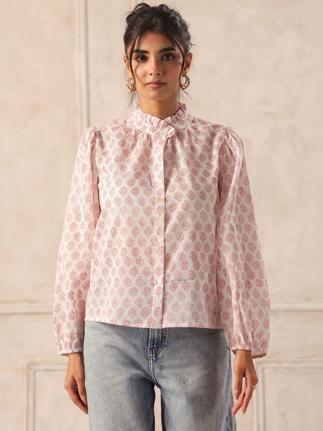 Off White & Rust Block Print Cotton Ruffle Neck Shirt