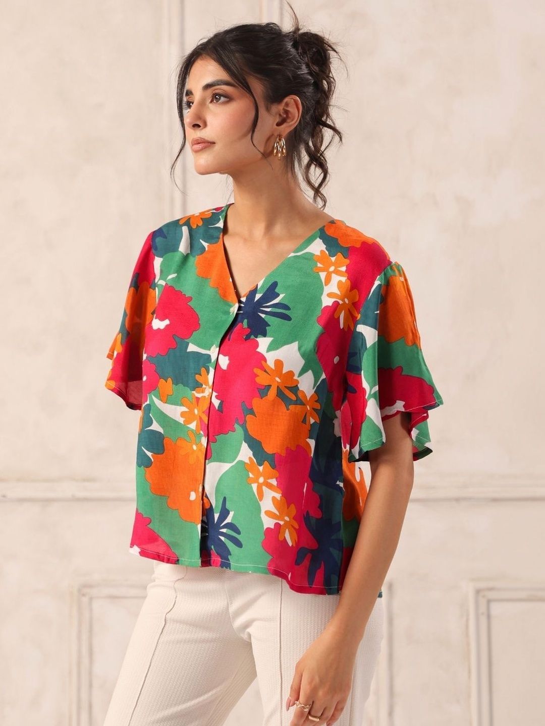 Royal Blue Tropical Print Flutter Sleeve Shirt