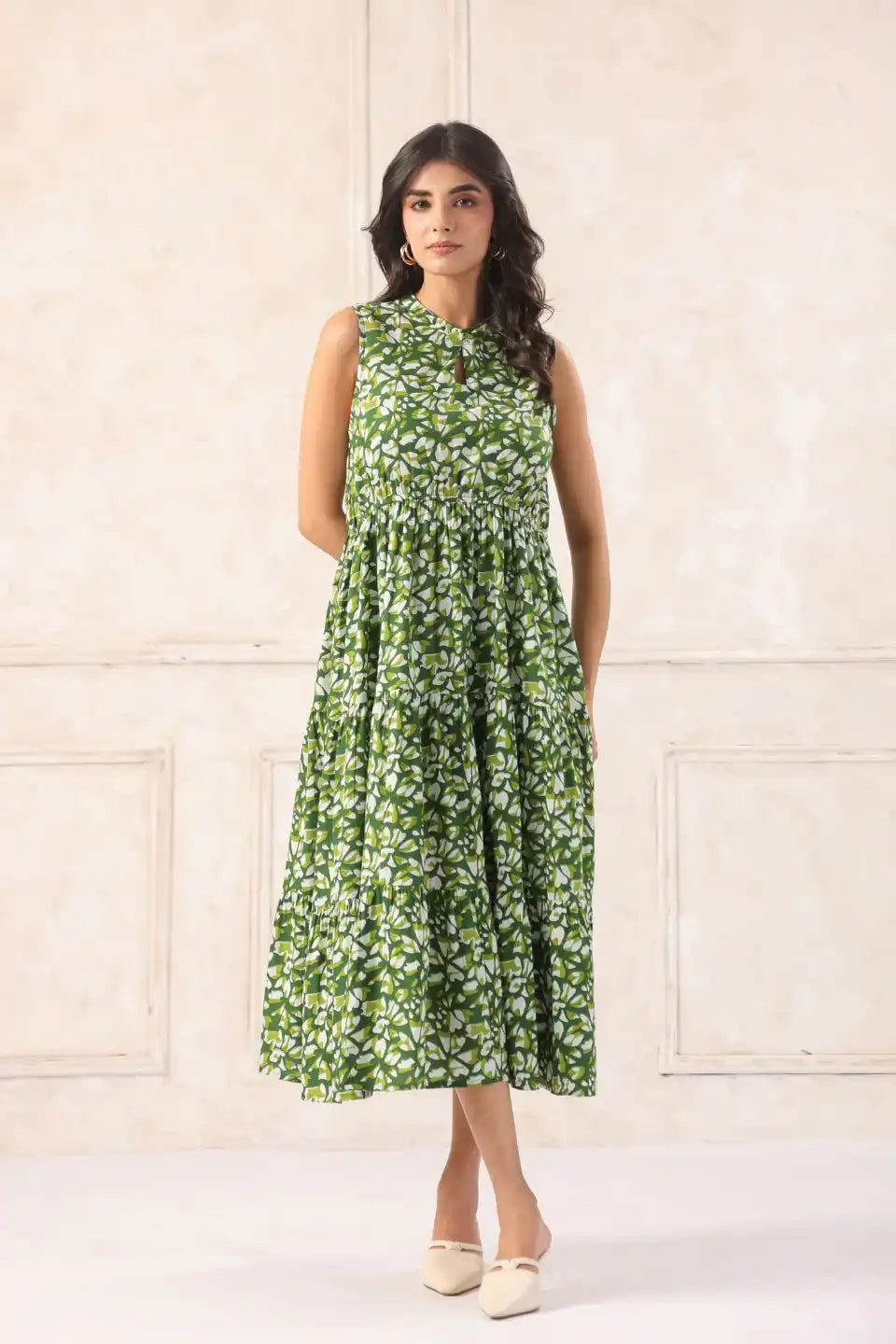 Greenbatikmididressfrontlookcottonflaredsleeveless - VyomTara