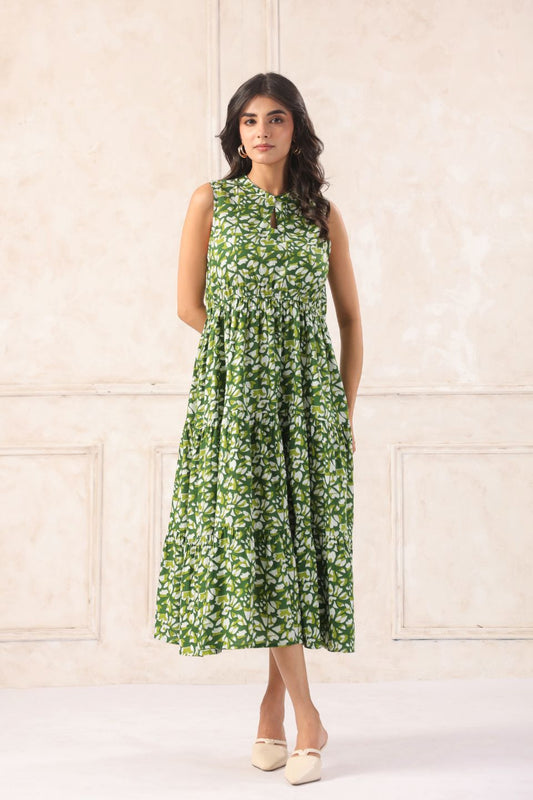 Green Batik Midi Dress Flared Cotton Casual Wear