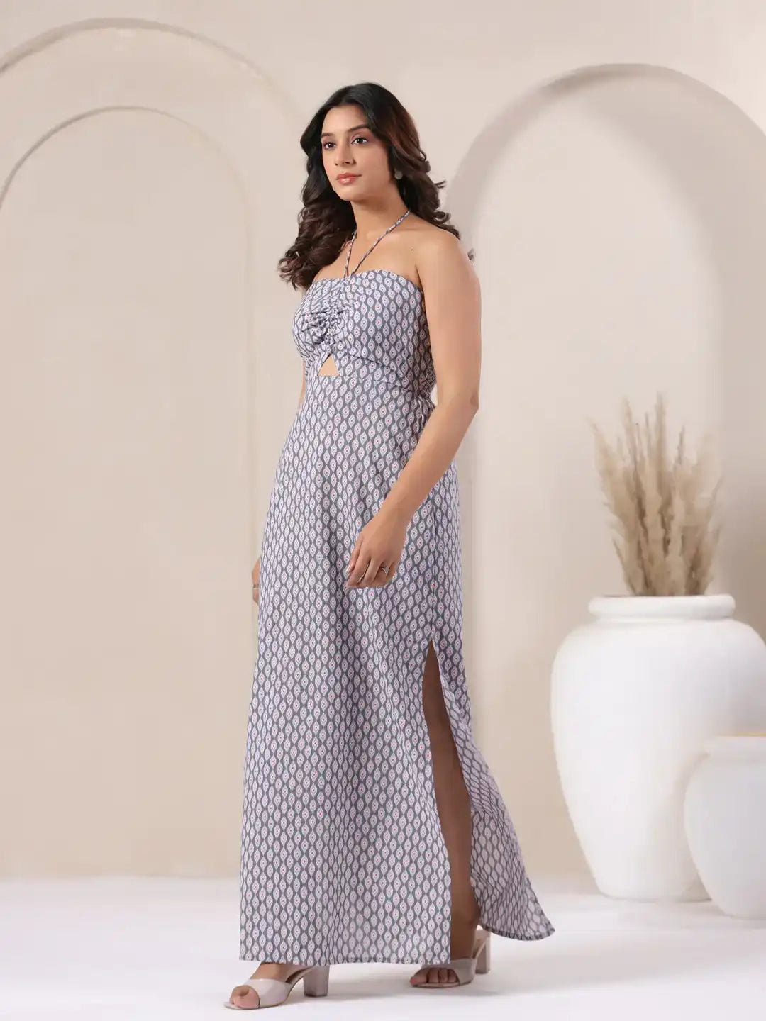 Elegant grey printed strapless maxi dress with side slit, perfect for women's daily wear or celebrations.