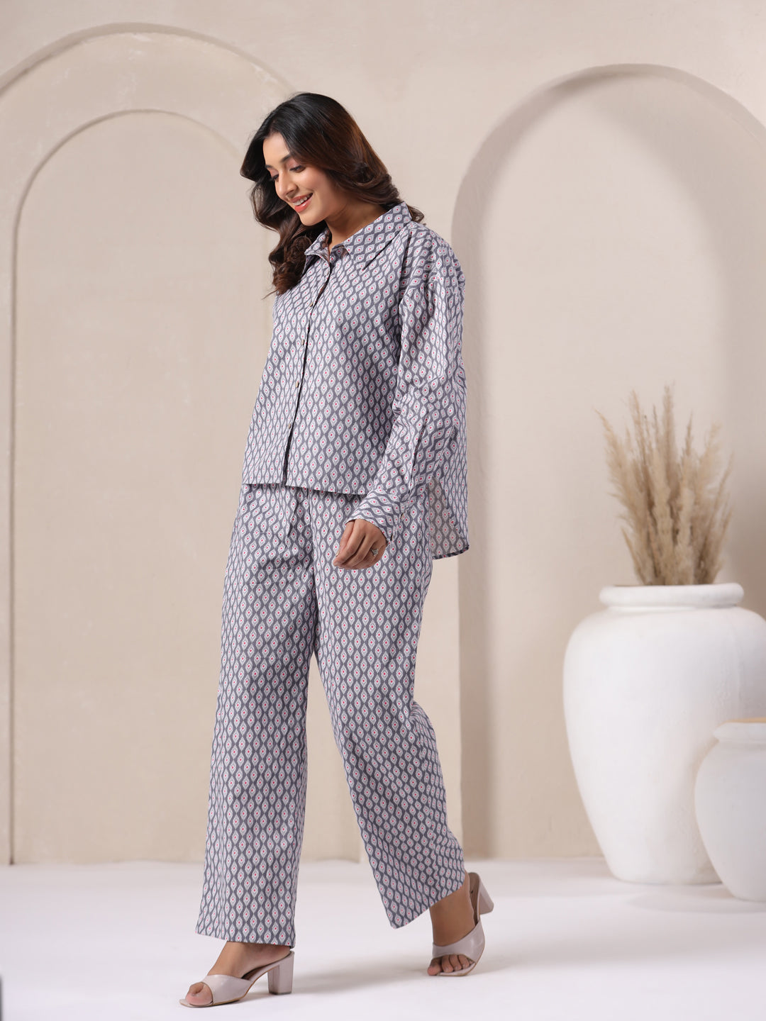 grey cotton co ord set front view geometric print long sleeve shirt pant set women