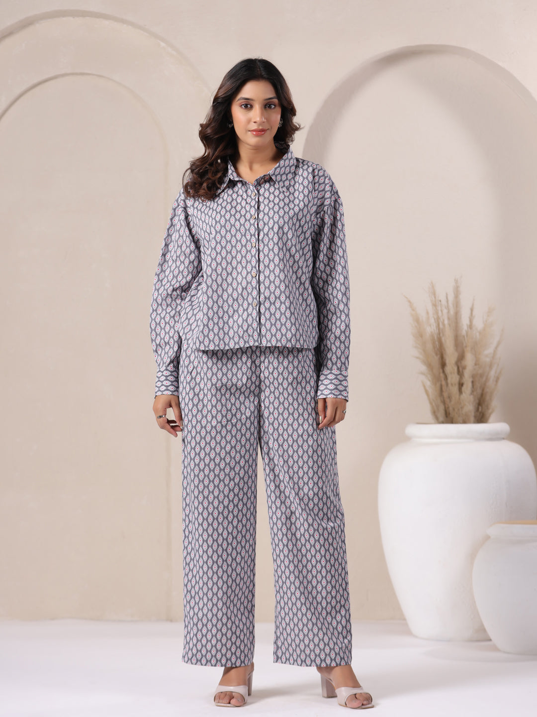 grey cotton co ord set side view geometric print long sleeve coord set women India
