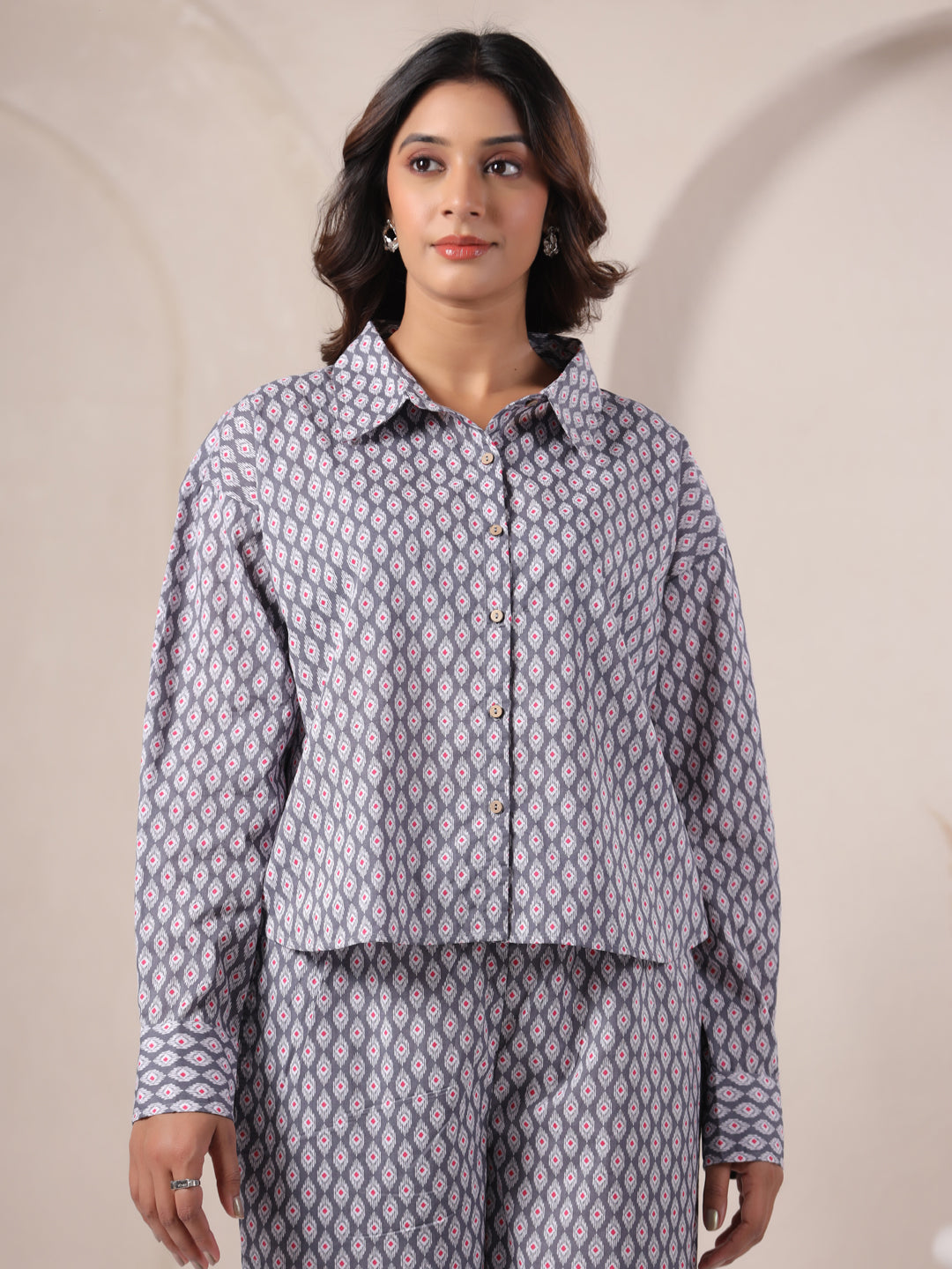 grey geometric co ord set top detail long sleeve cotton coord set women India