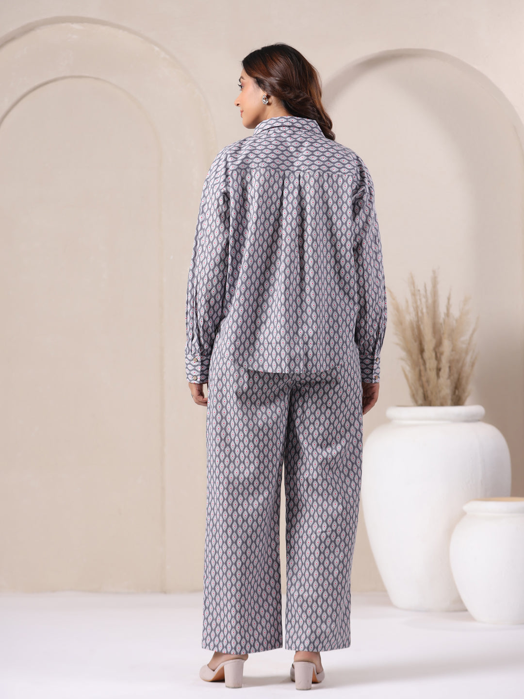 grey geometric print cotton co ord set for women back view shirt pant set relaxed fit