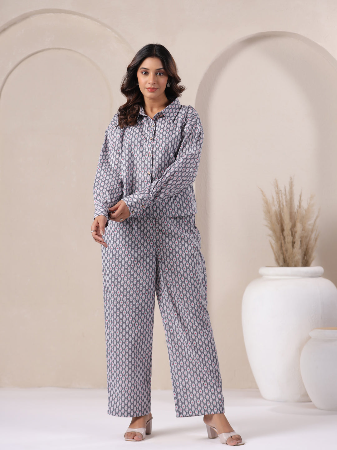 grey printed co ord set casual pose breathable cotton coord set women relaxed fit