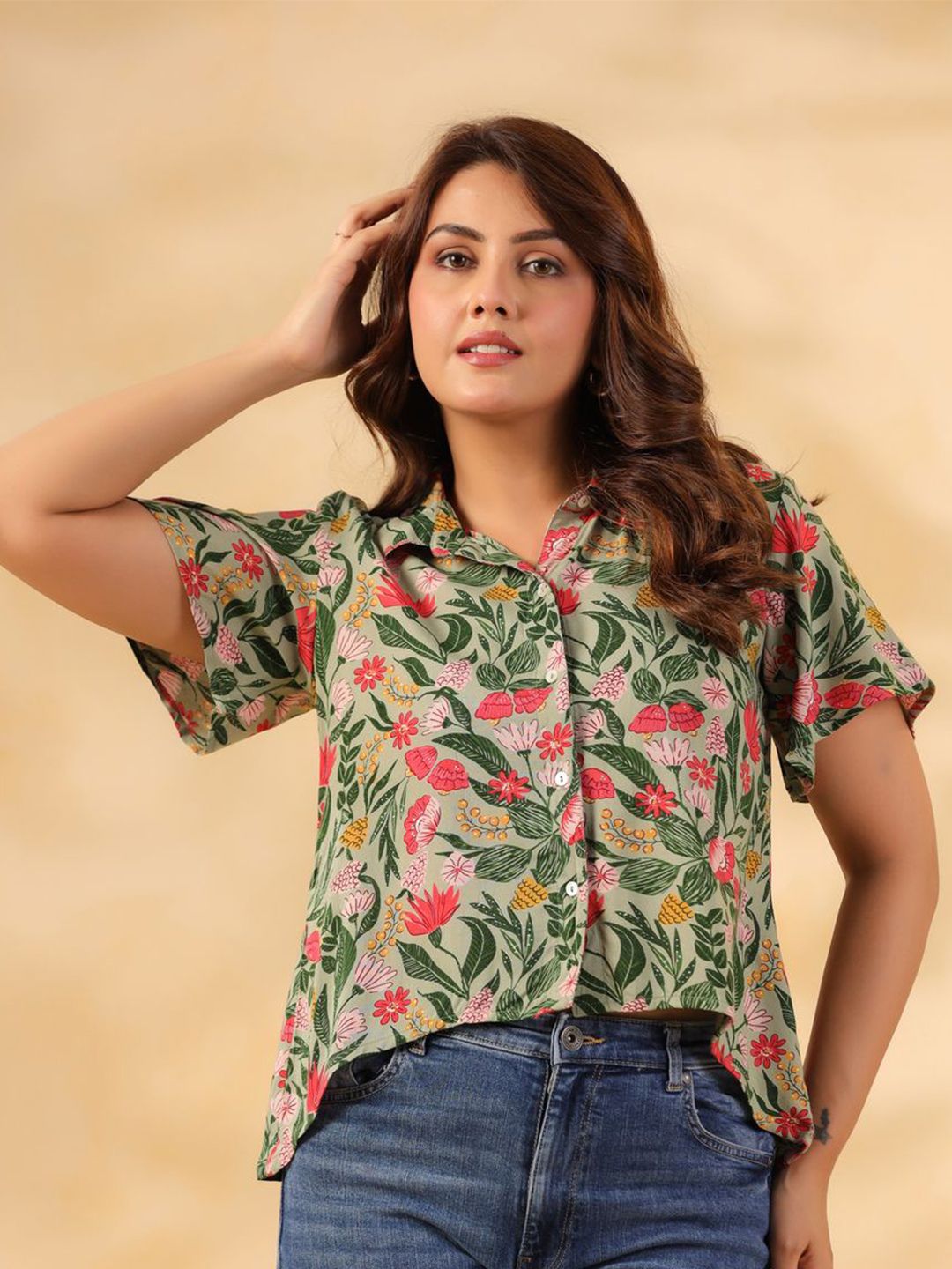 Sage Green Floral Crop Shirt for Women