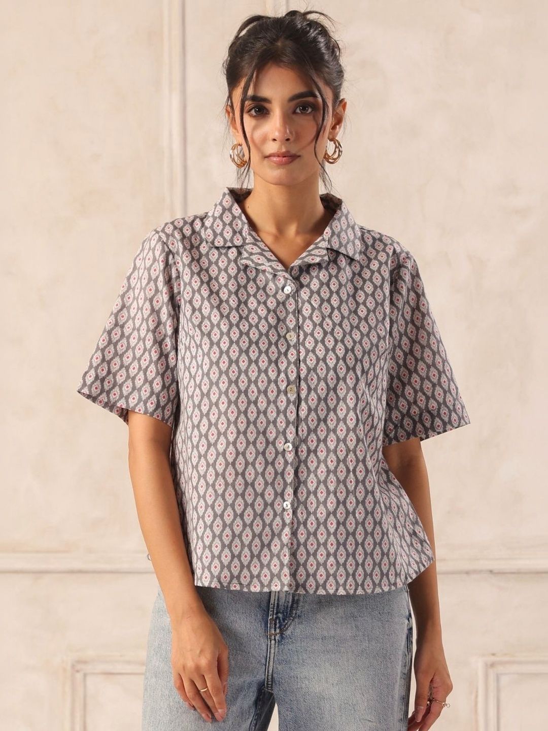 Grey & Pink Ikat Print Cotton Collared Shirt