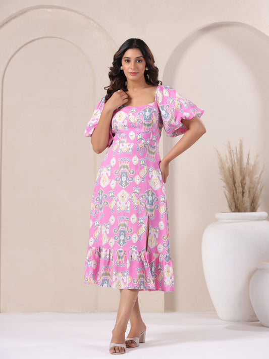 Bonbon ikat print square neck viscose midi dress for women front view