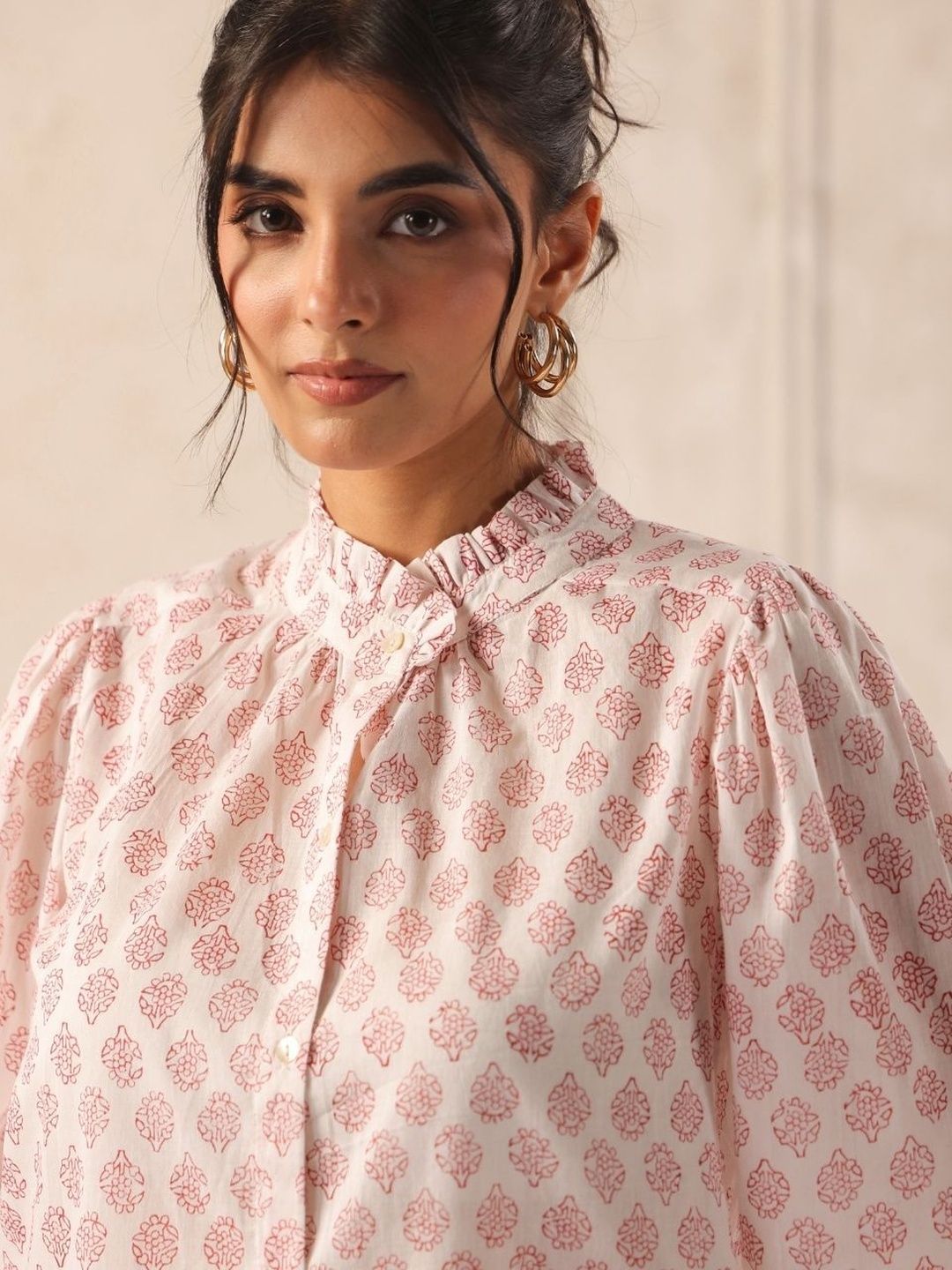 Off White & Rust Block Print Cotton Ruffle Neck Shirt