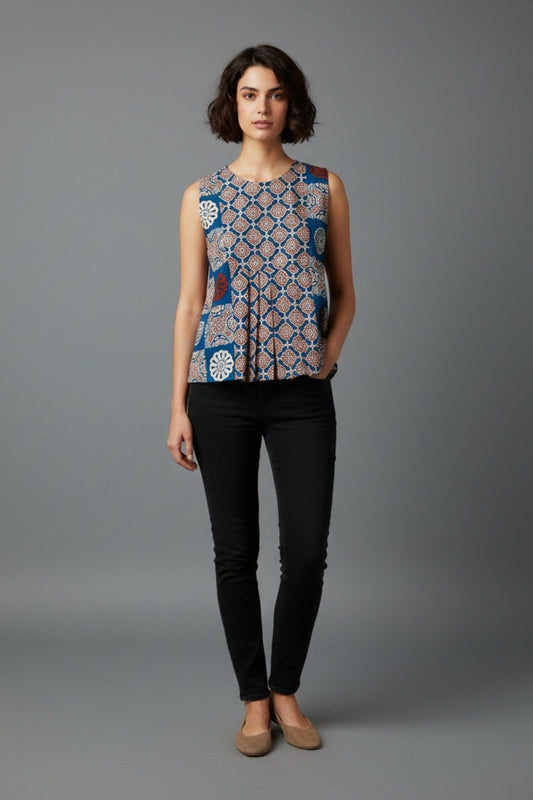 Indigo Ajrakh Print Geometric Casual Wear Cotton Top for Women (Sleeveless, Regular Fit)