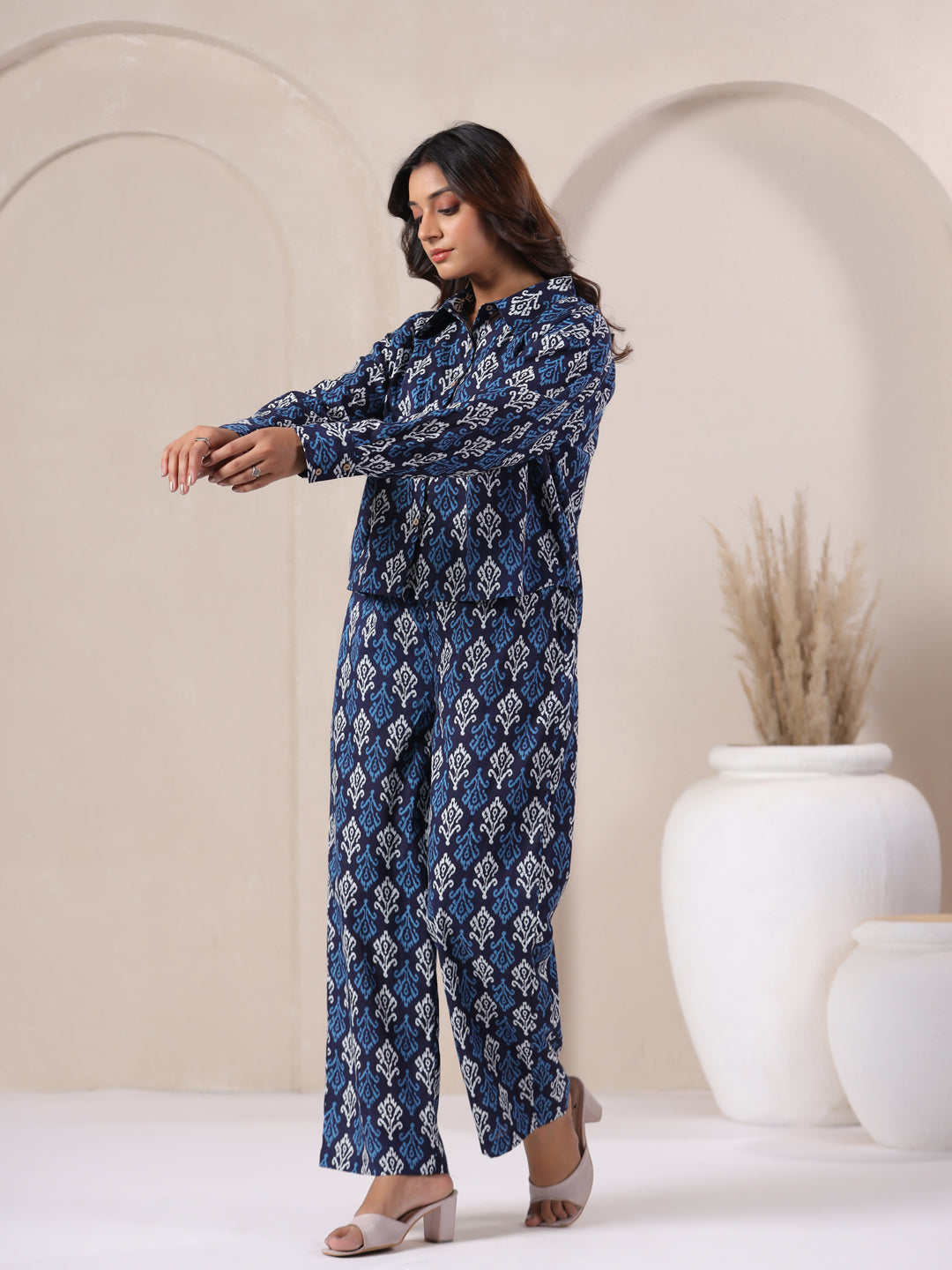 indigo block print cotton co ord set for women front view shirt pant set relaxed fit
