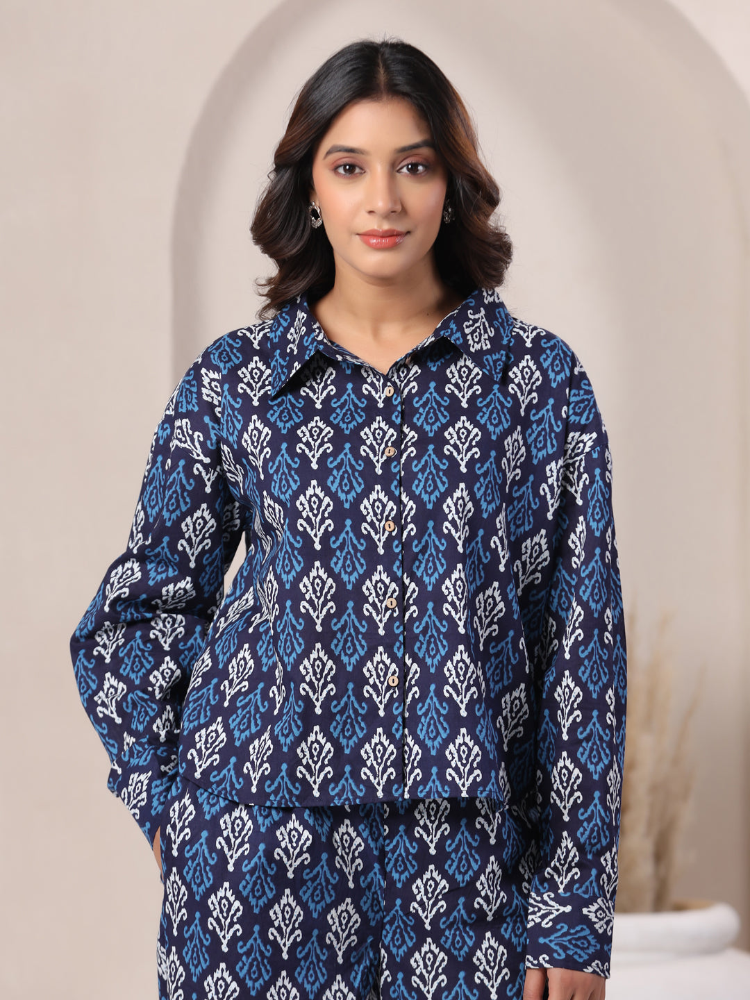 indigo co ord set casual styling long sleeve cotton coord set everyday wear women