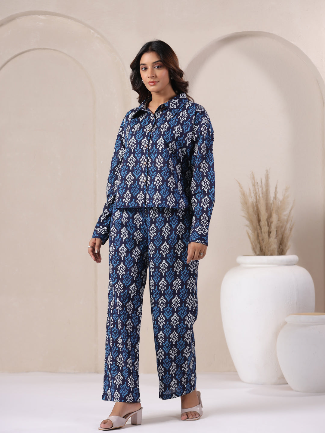 indigo co ord set side angle view cotton shirt pant coord set women relaxed fit