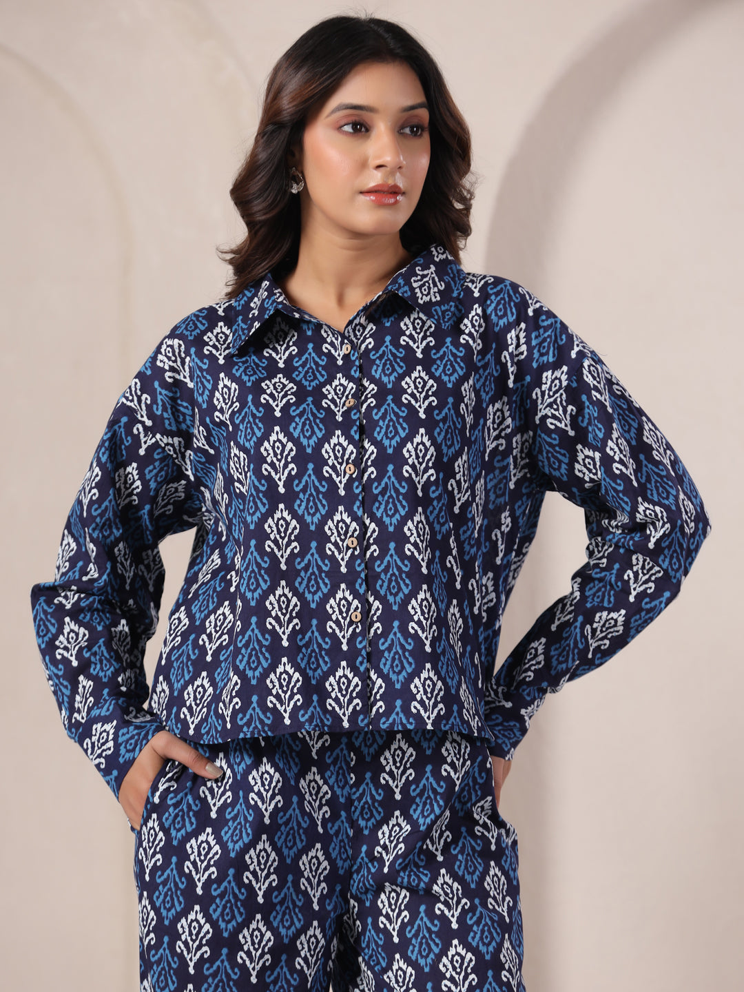 indigo co ord set top detail block print long sleeve cotton coord set women