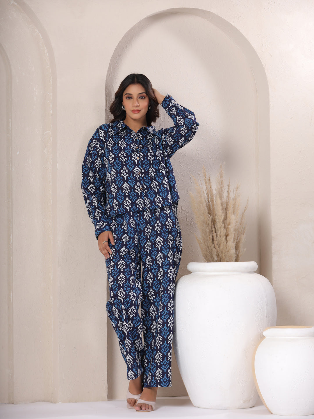 indigo cotton co ord set elegant pose relaxed fit shirt pant set women India