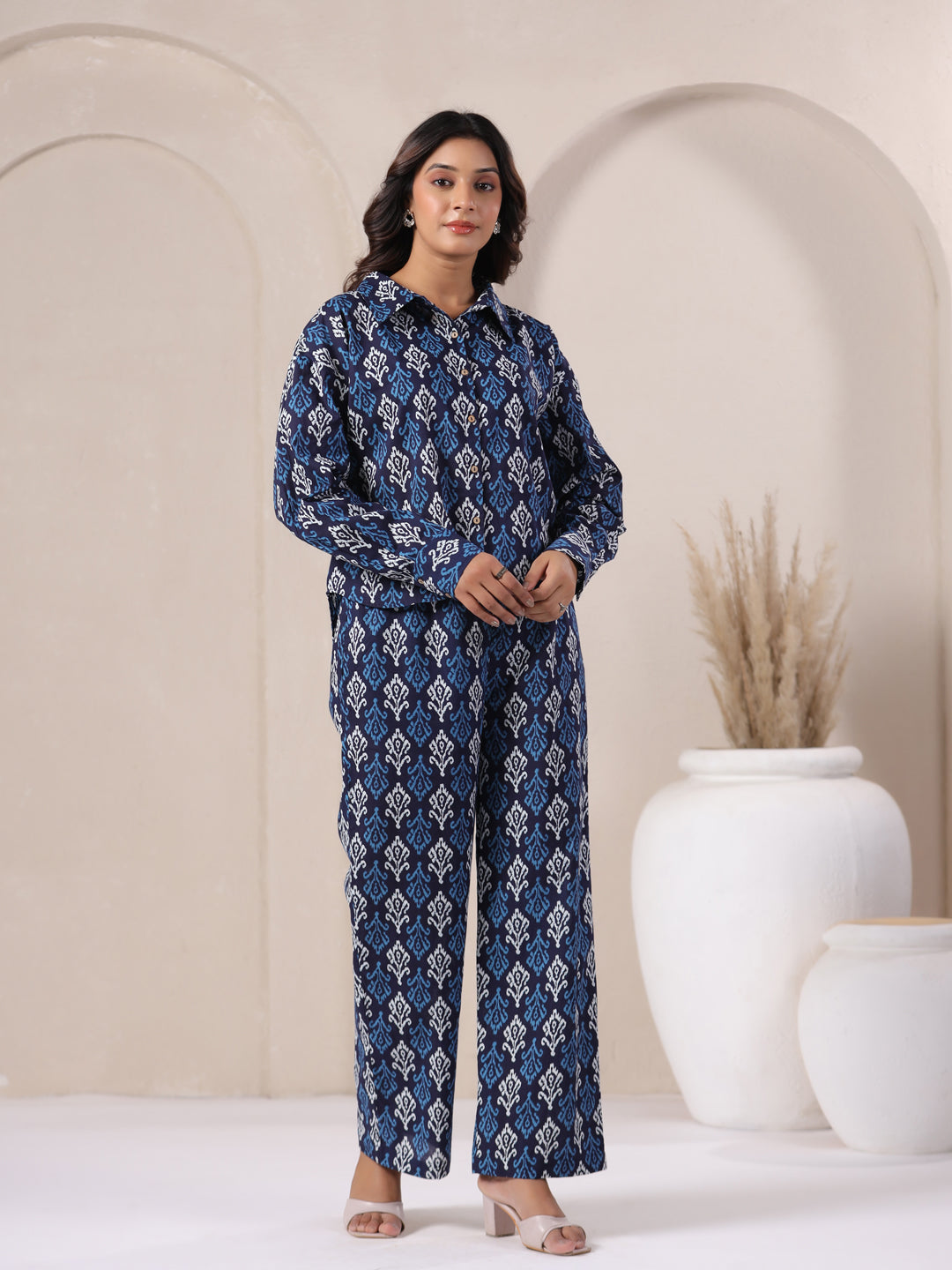 indigo cotton co ord set full body long sleeve shirt pant set casual outfit women India