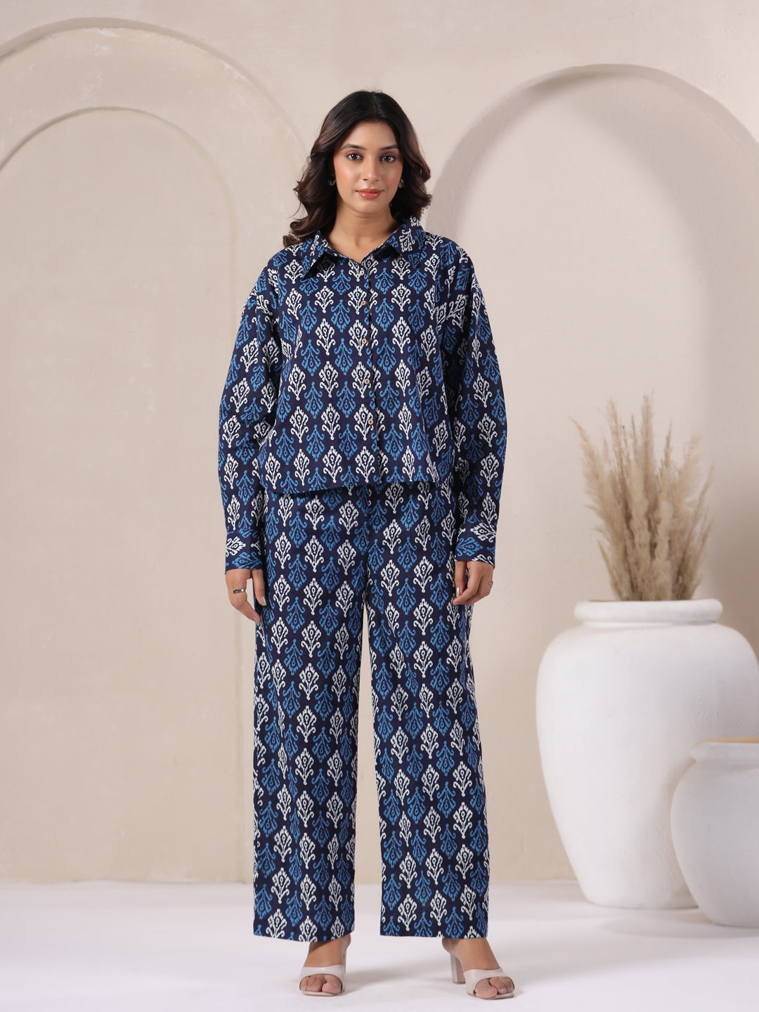 indigo cotton co ord set relaxed fit long sleeve coord set women comfortable outfit