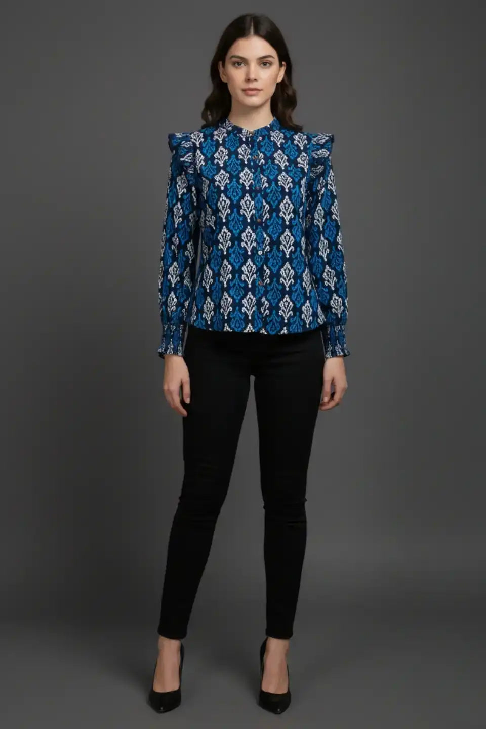 Blue and white patterned cotton kurta with ruffled sleeves paired with black pants