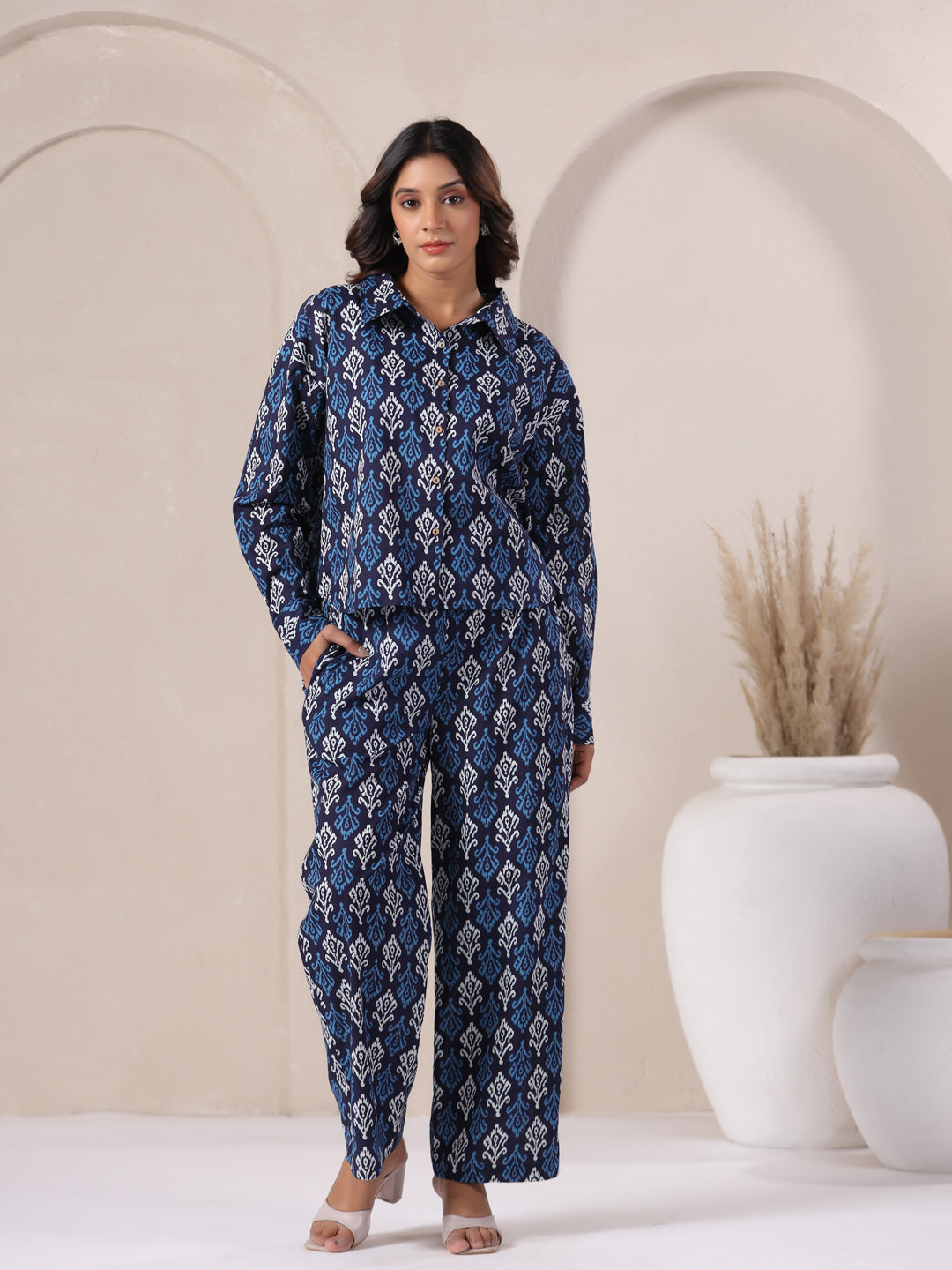 indigo printed co ord set full look cotton coord set women casual everyday outfit
