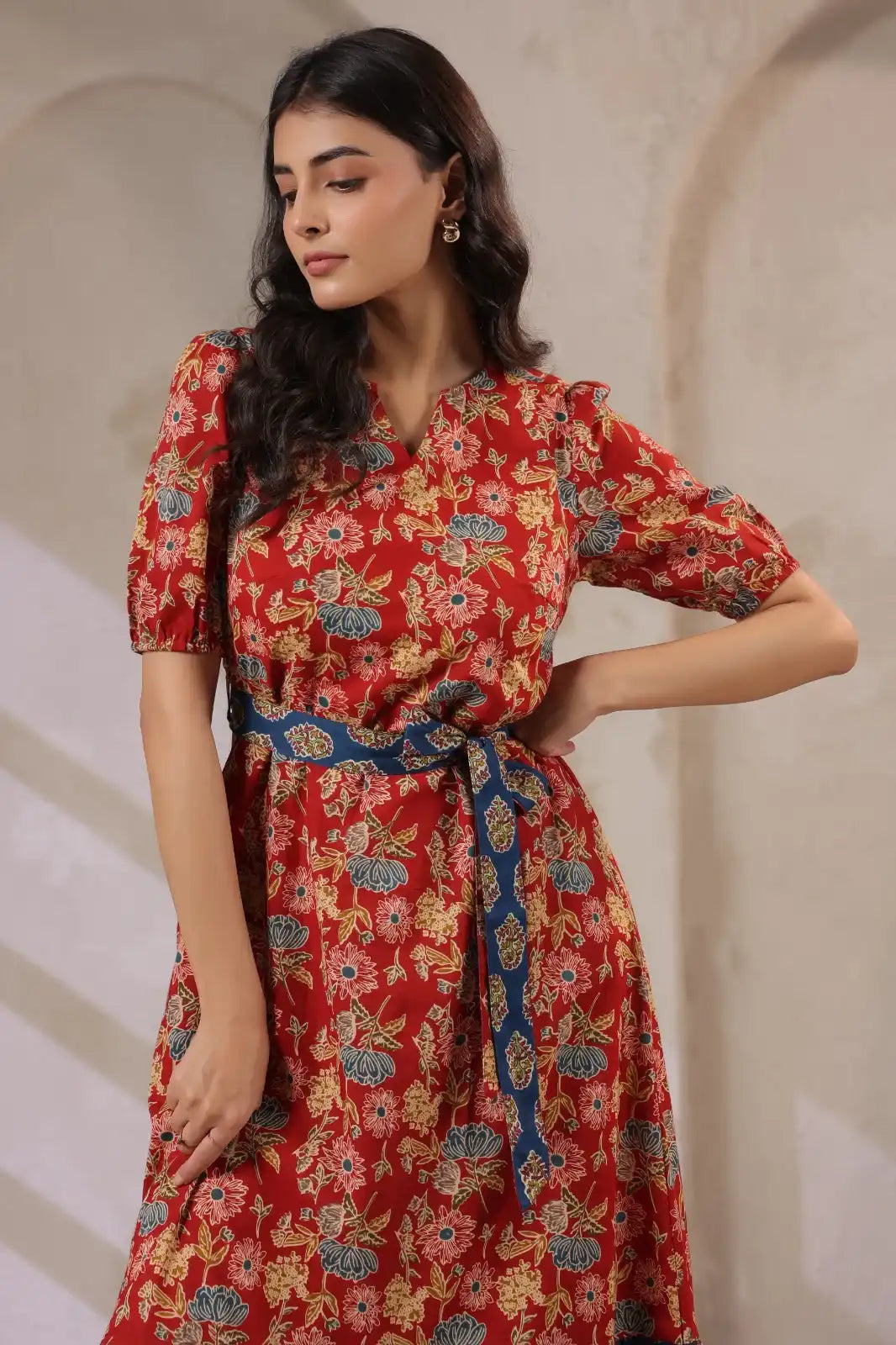Indigo_Red_Floral_Printed_Maxi_Dress_-_Newcline_close_up - VyomTara