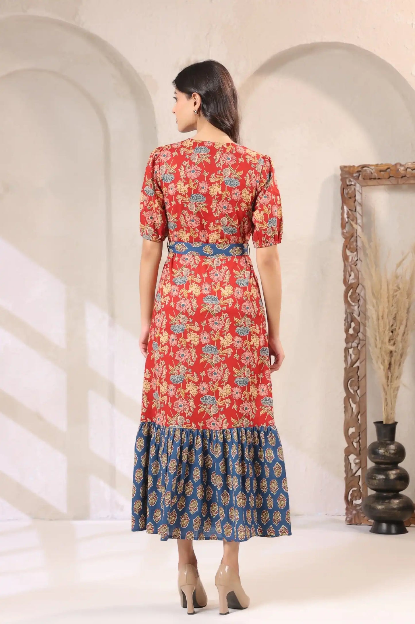 Indigo_Red_Floral_Printed_Maxi_Dress_-_backview - VyomTara