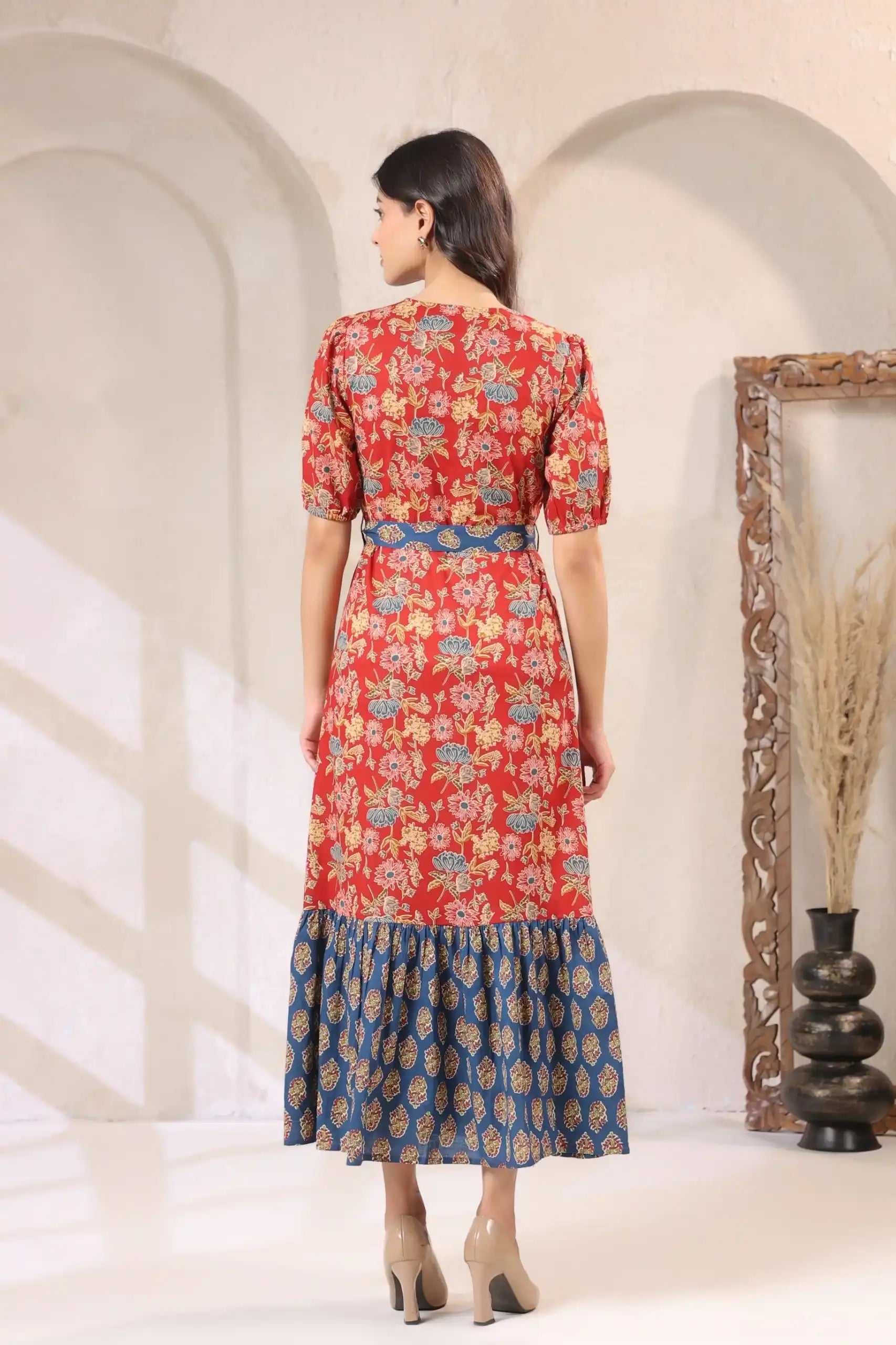 Indigo_Red_Floral_Printed_Maxi_Dress_-_backview - VyomTara